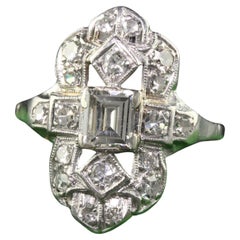 Antique Art Deco Platinum Old Step Cut Diamond Shield Ring