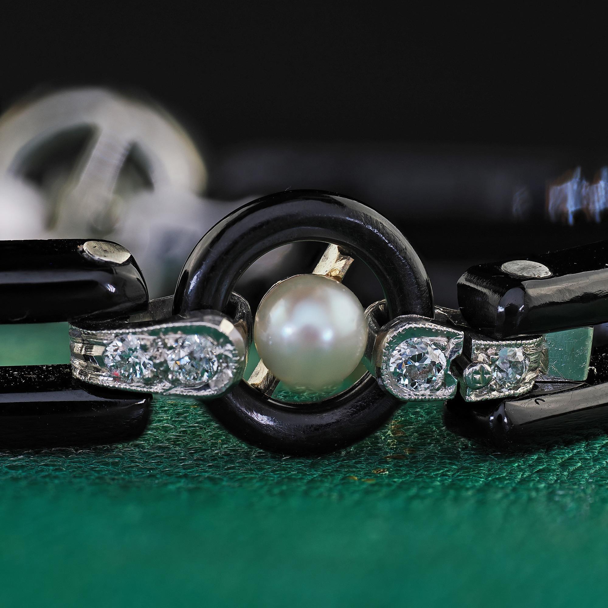 Antique Art Deco Platinum Onyx Old European Diamond Pearl Link Bracelet 5
