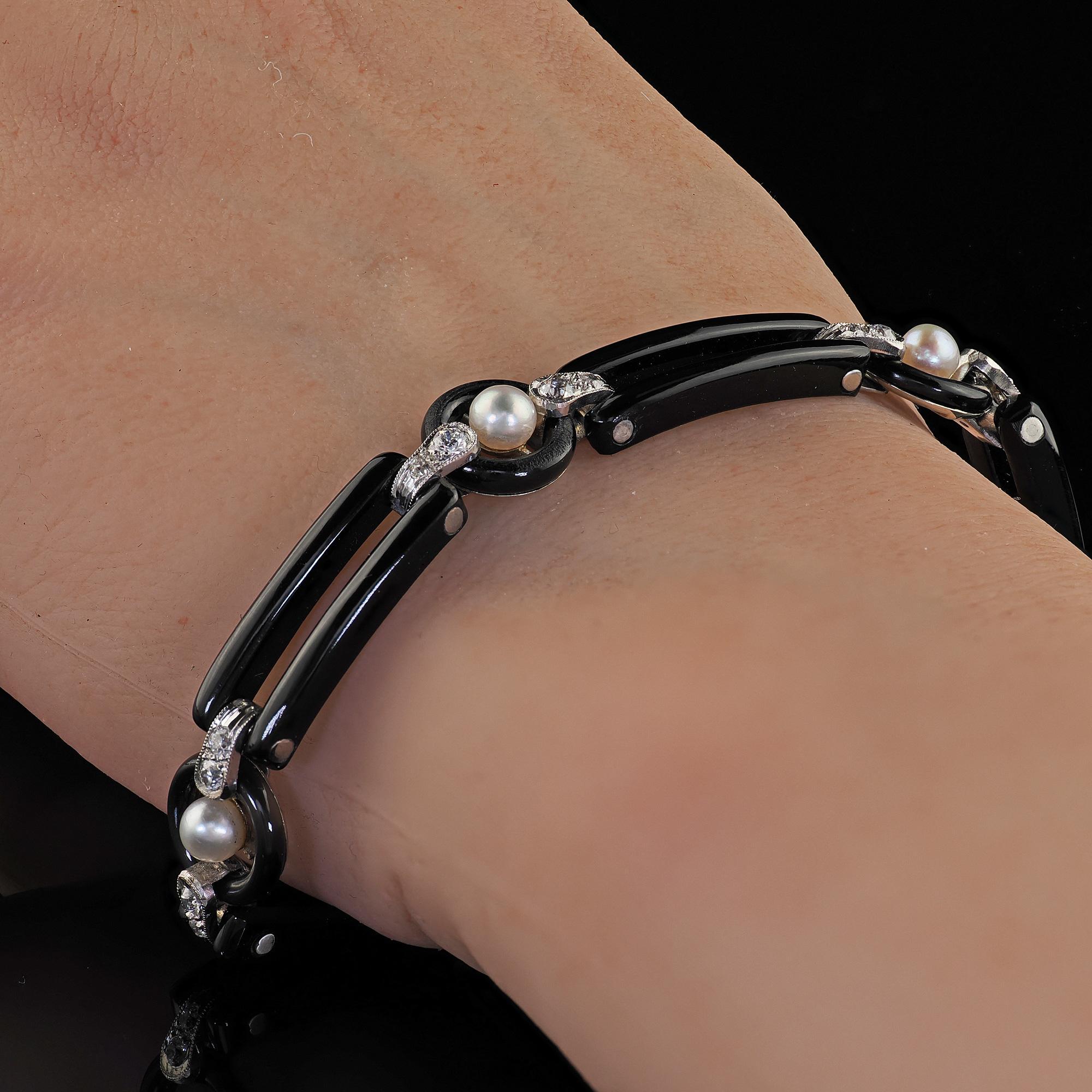 Antique Art Deco Platinum Onyx Old European Diamond Pearl Link Bracelet 6