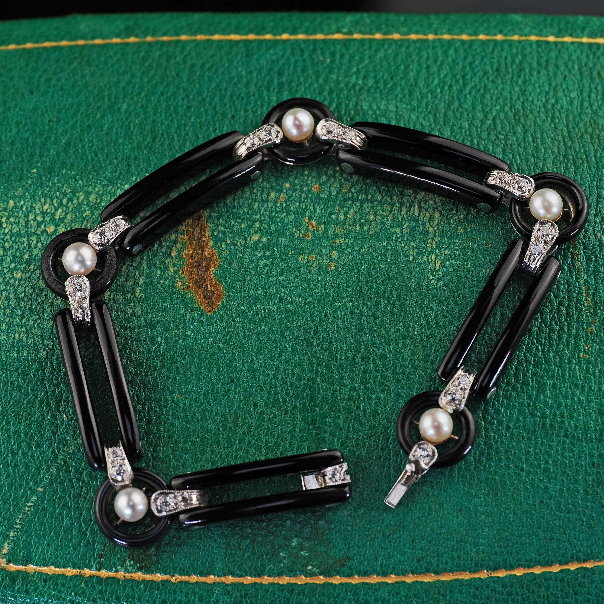 Women's Antique Art Deco Platinum Onyx Old European Diamond Pearl Link Bracelet