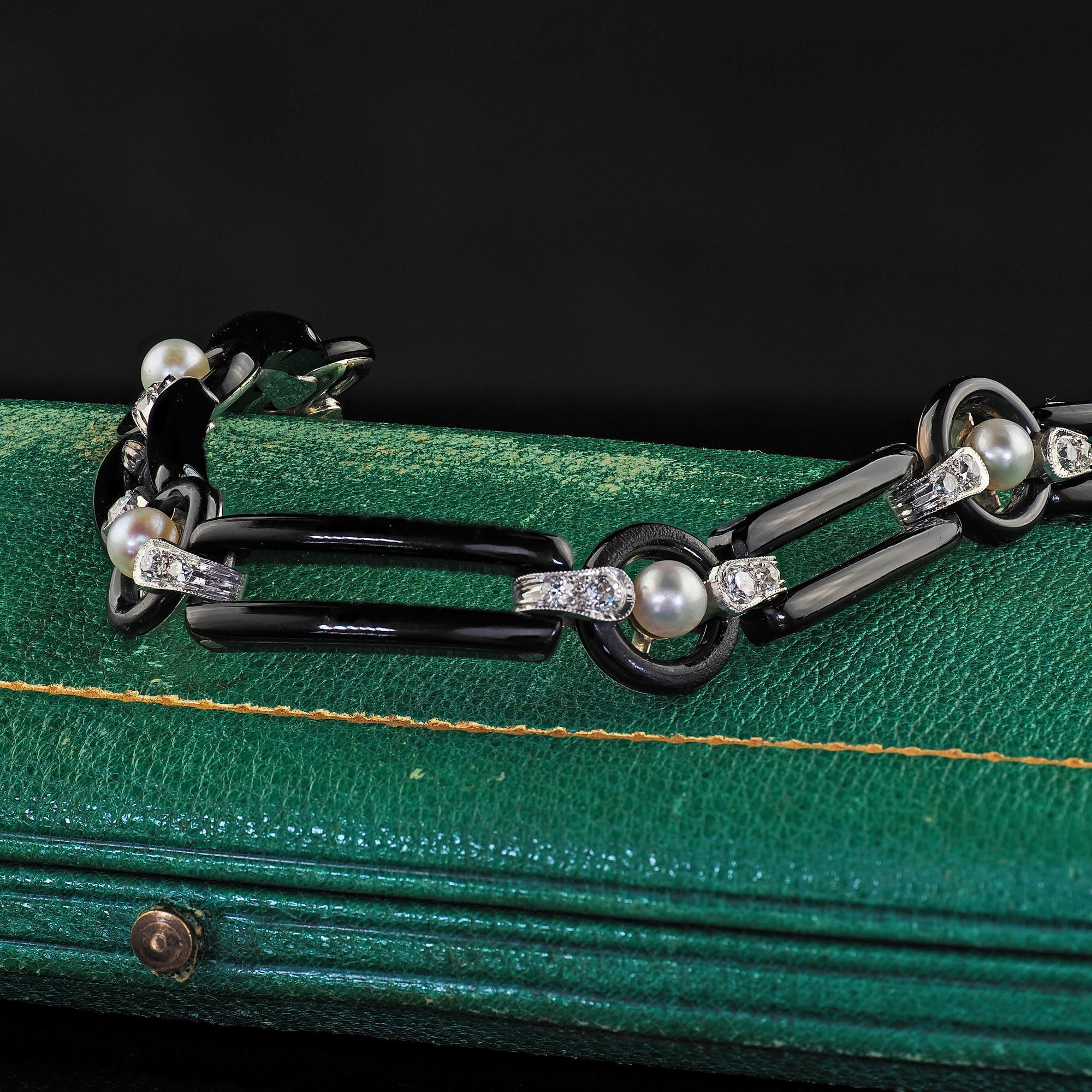 Antique Art Deco Platinum Onyx Old European Diamond Pearl Link Bracelet 1