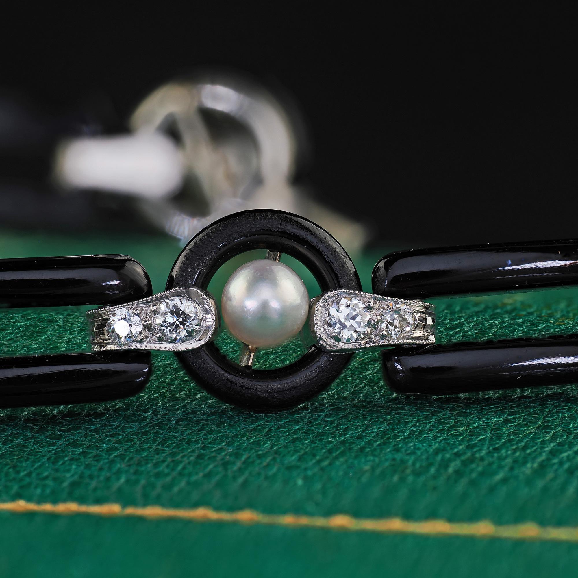 Antique Art Deco Platinum Onyx Old European Diamond Pearl Link Bracelet 2