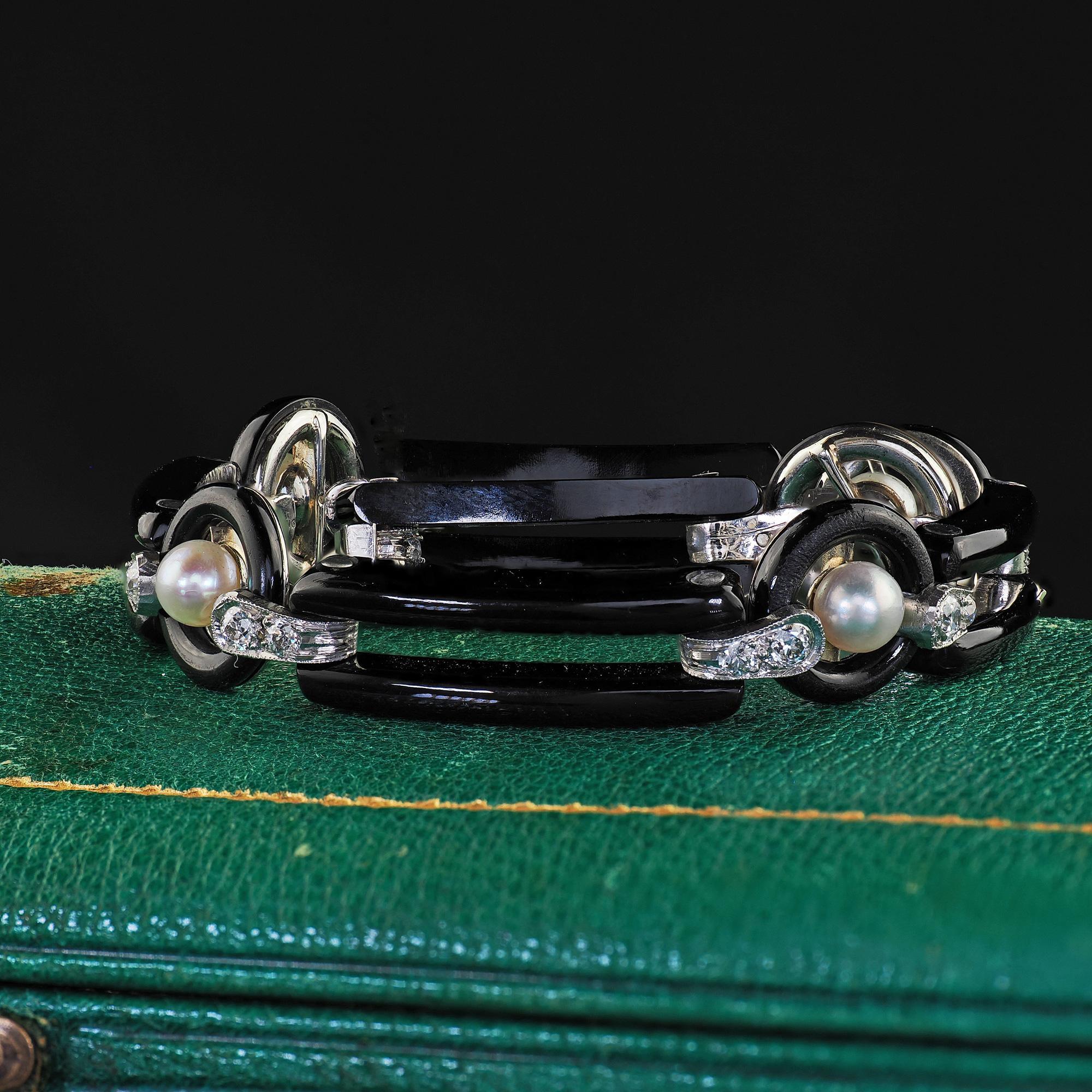 Antique Art Deco Platinum Onyx Old European Diamond Pearl Link Bracelet 3