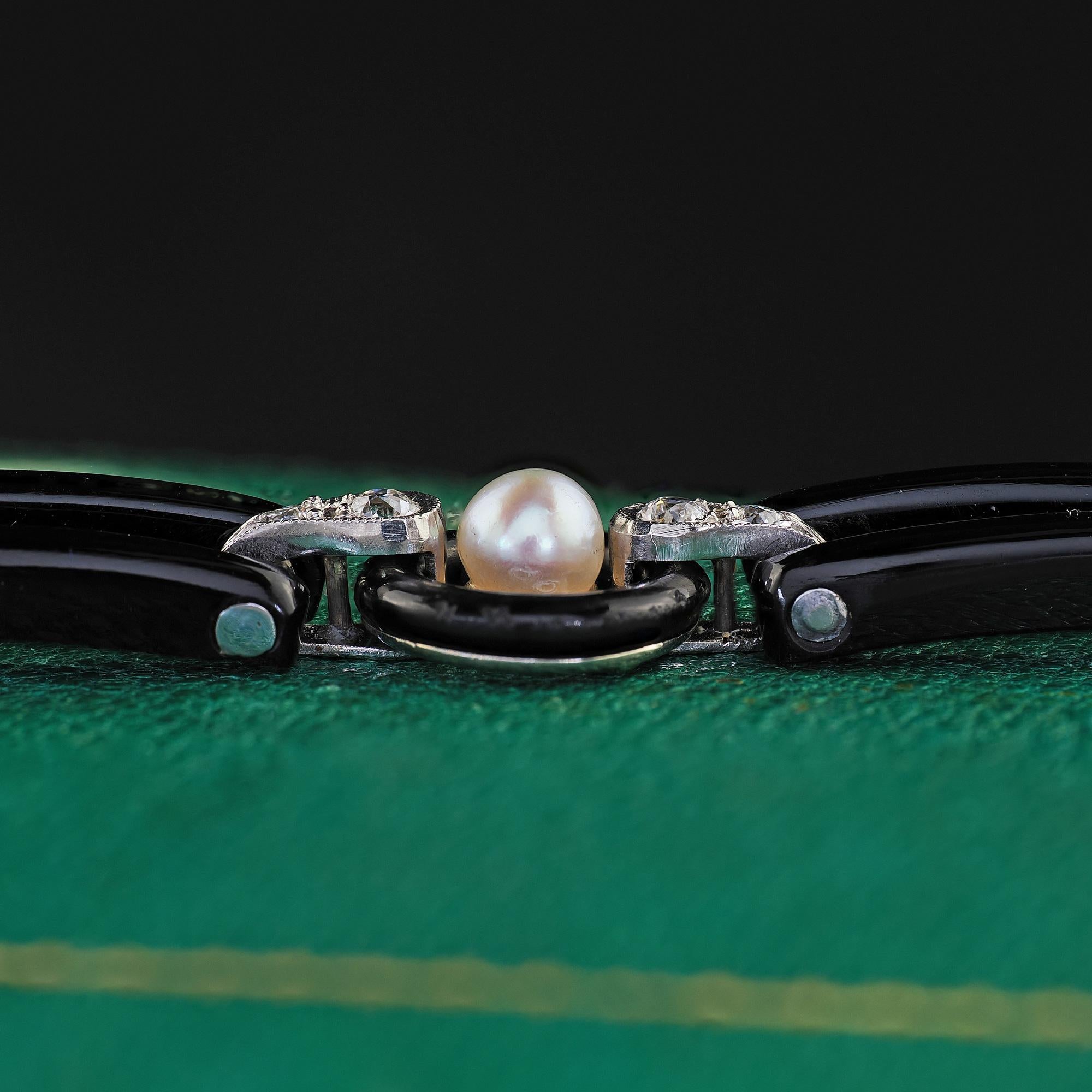 Antique Art Deco Platinum Onyx Old European Diamond Pearl Link Bracelet 4