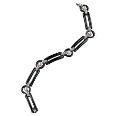 Antique Art Deco Platinum Onyx Old European Diamond Pearl Link Bracelet