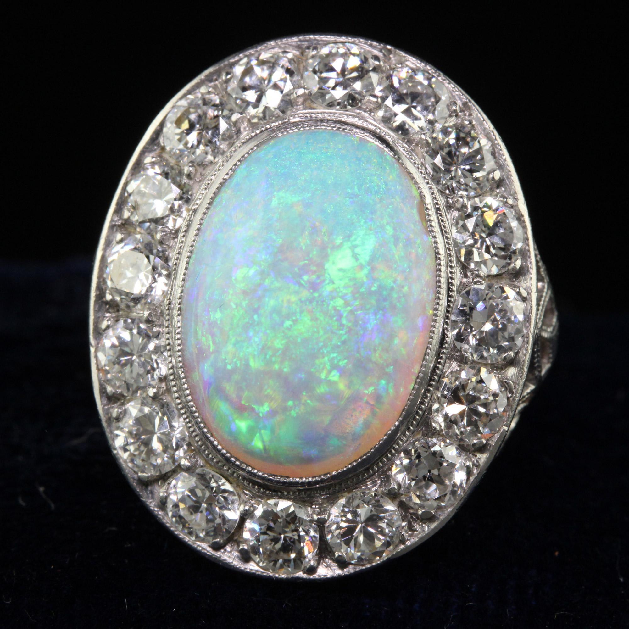 Women's Antique Art Deco Platinum Opal and Old Euro Diamond Halo Cocktail Ring For Sale