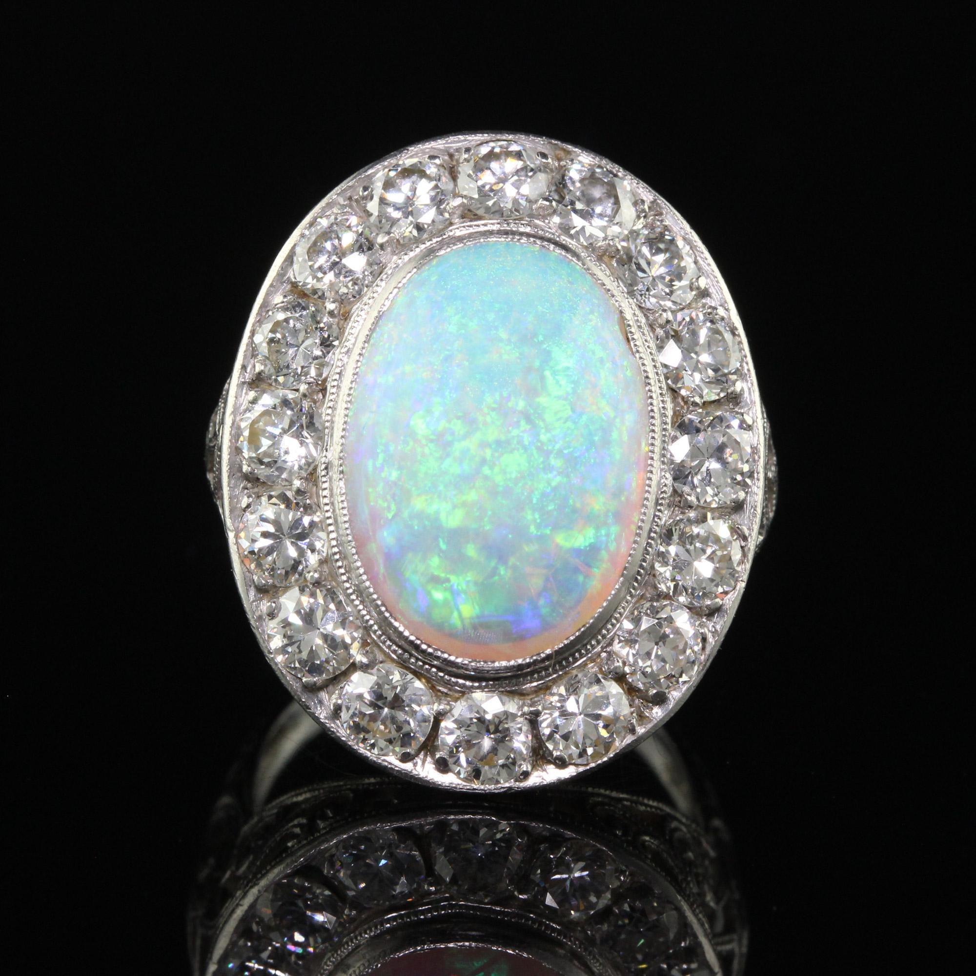 Antique Art Deco Platinum Opal and Old Euro Diamond Halo Cocktail Ring For Sale 1