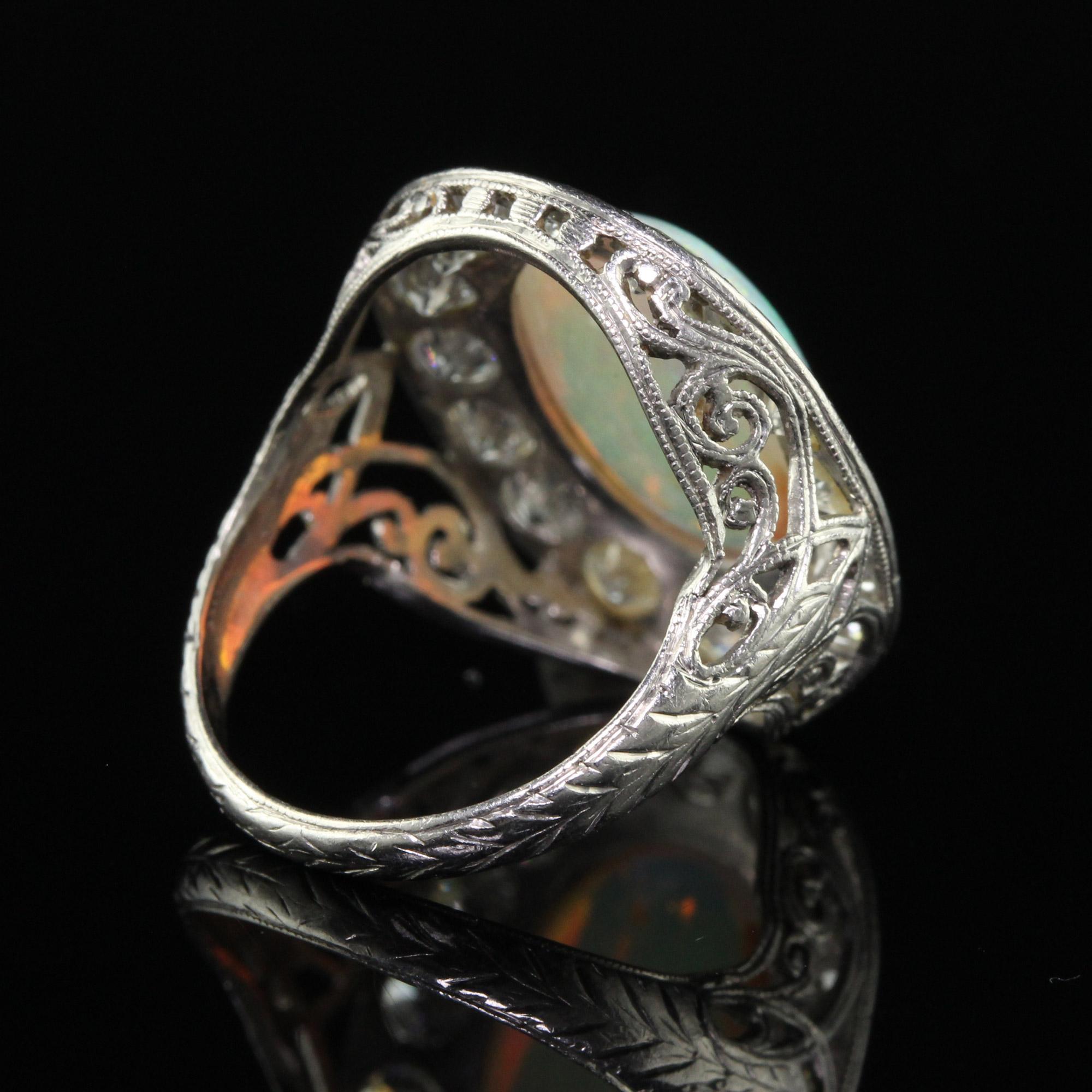 Antique Art Deco Platinum Opal and Old Euro Diamond Halo Cocktail Ring For Sale 2