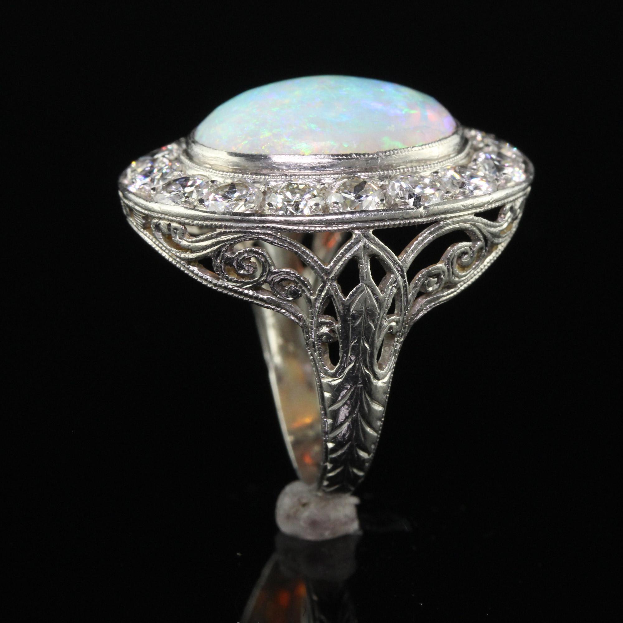 Antique Art Deco Platinum Opal and Old Euro Diamond Halo Cocktail Ring For Sale 3