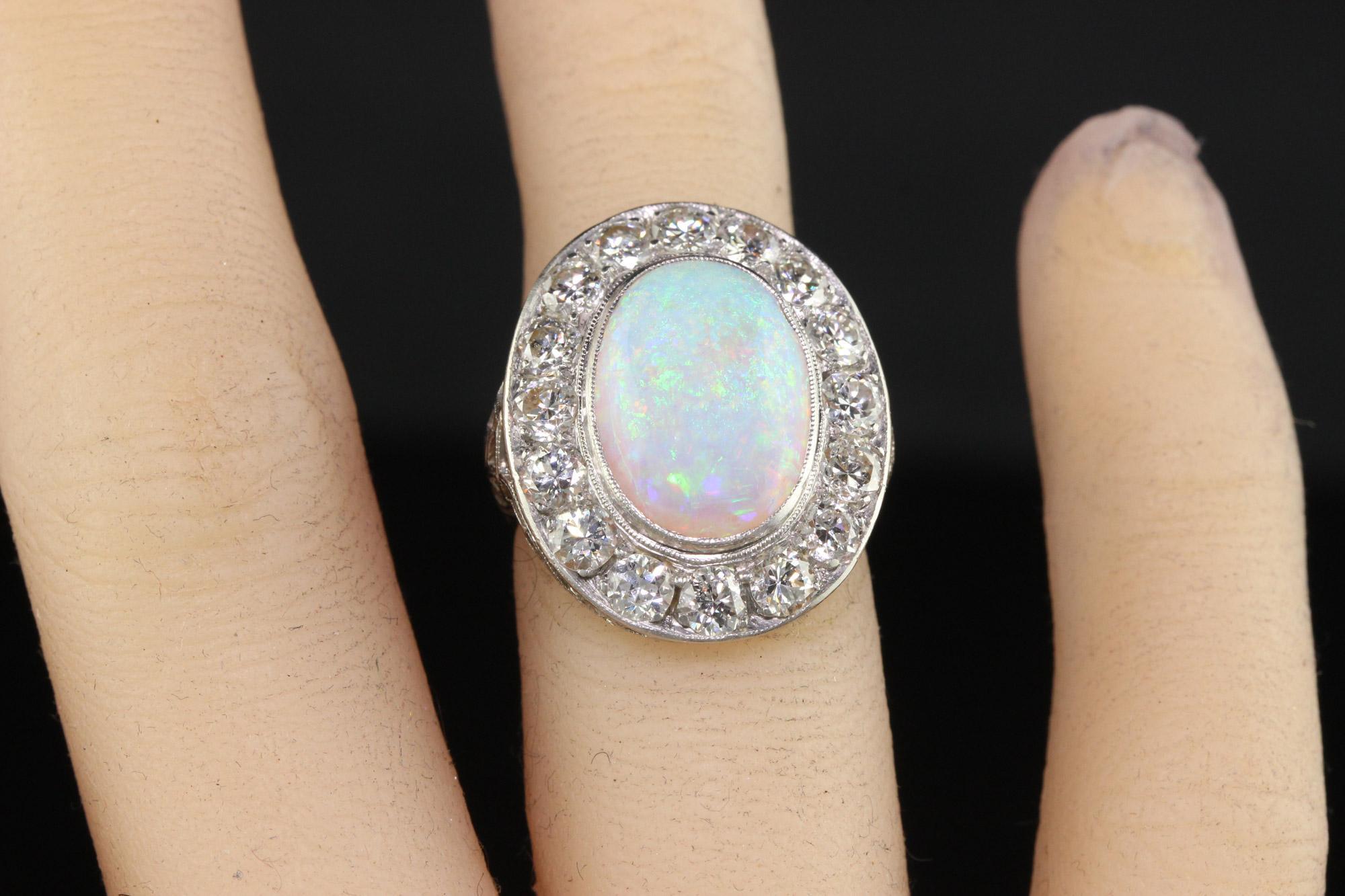 Antique Art Deco Platinum Opal and Old Euro Diamond Halo Cocktail Ring For Sale 4