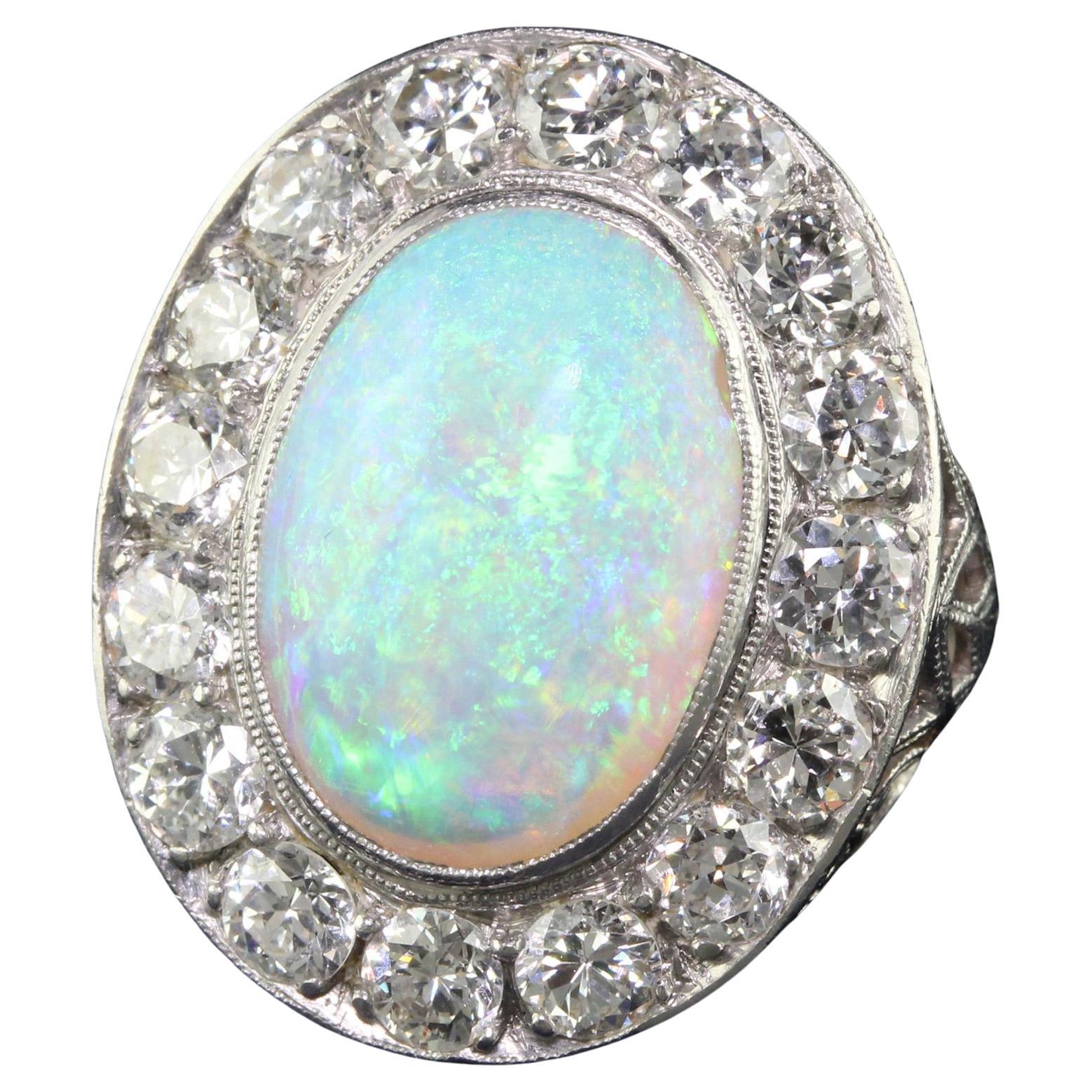 Antique Art Deco Platinum Opal and Old Euro Diamond Halo Cocktail Ring