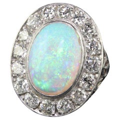 Retro Art Deco Platinum Opal and Old Euro Diamond Halo Cocktail Ring