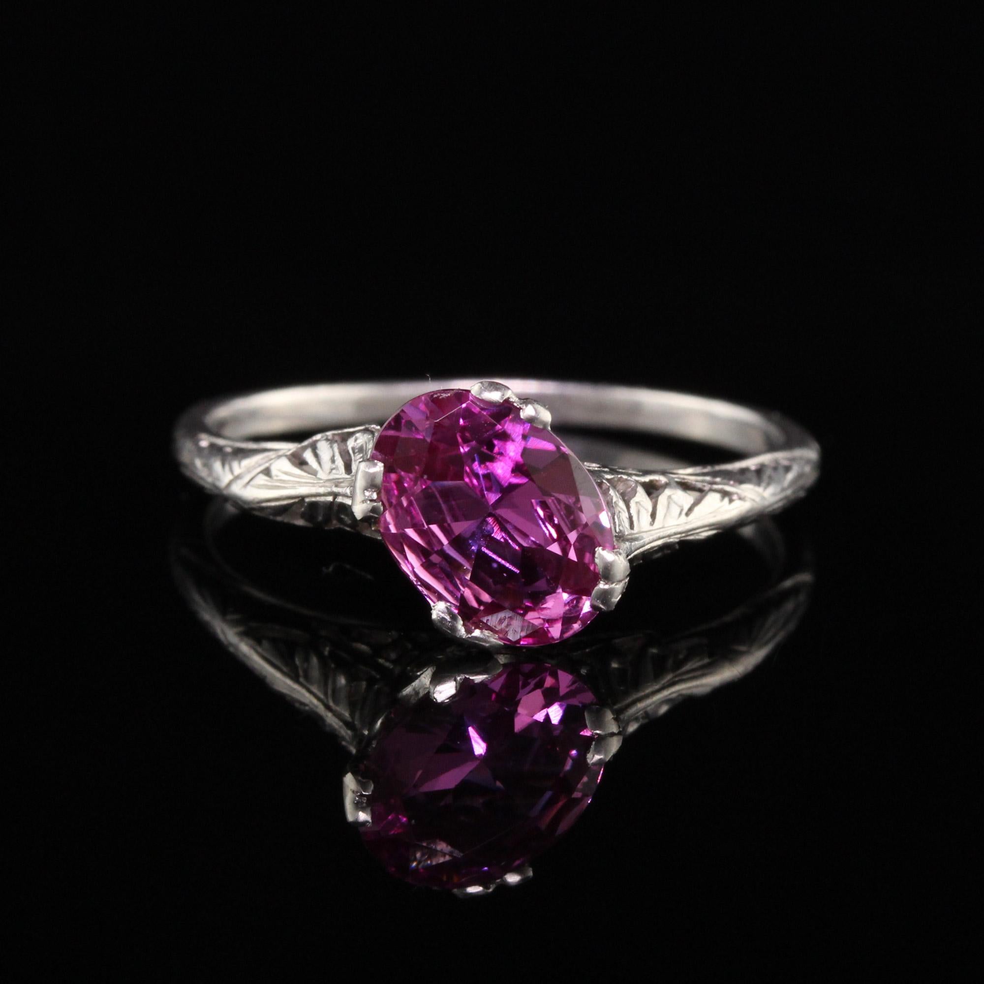 Oval Cut Antique Art Deco Platinum Oval Pink Sapphire Filigree Engagement Ring For Sale