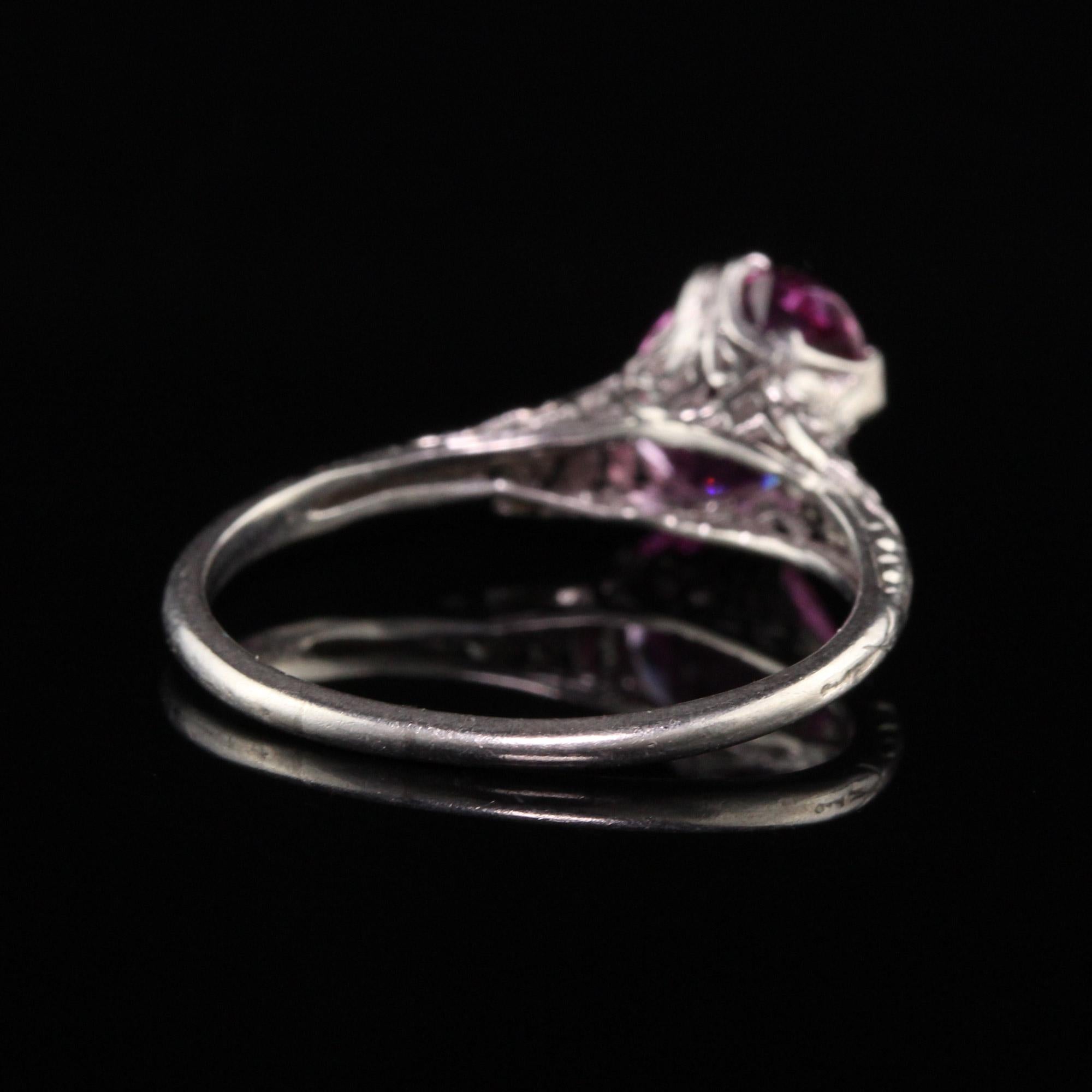 Antique Art Deco Platinum Oval Pink Sapphire Filigree Engagement Ring In Good Condition For Sale In Great Neck, NY