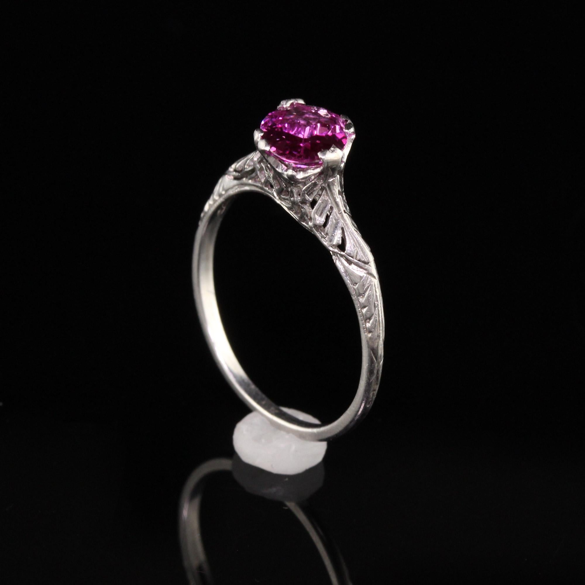 Women's Antique Art Deco Platinum Oval Pink Sapphire Filigree Engagement Ring For Sale