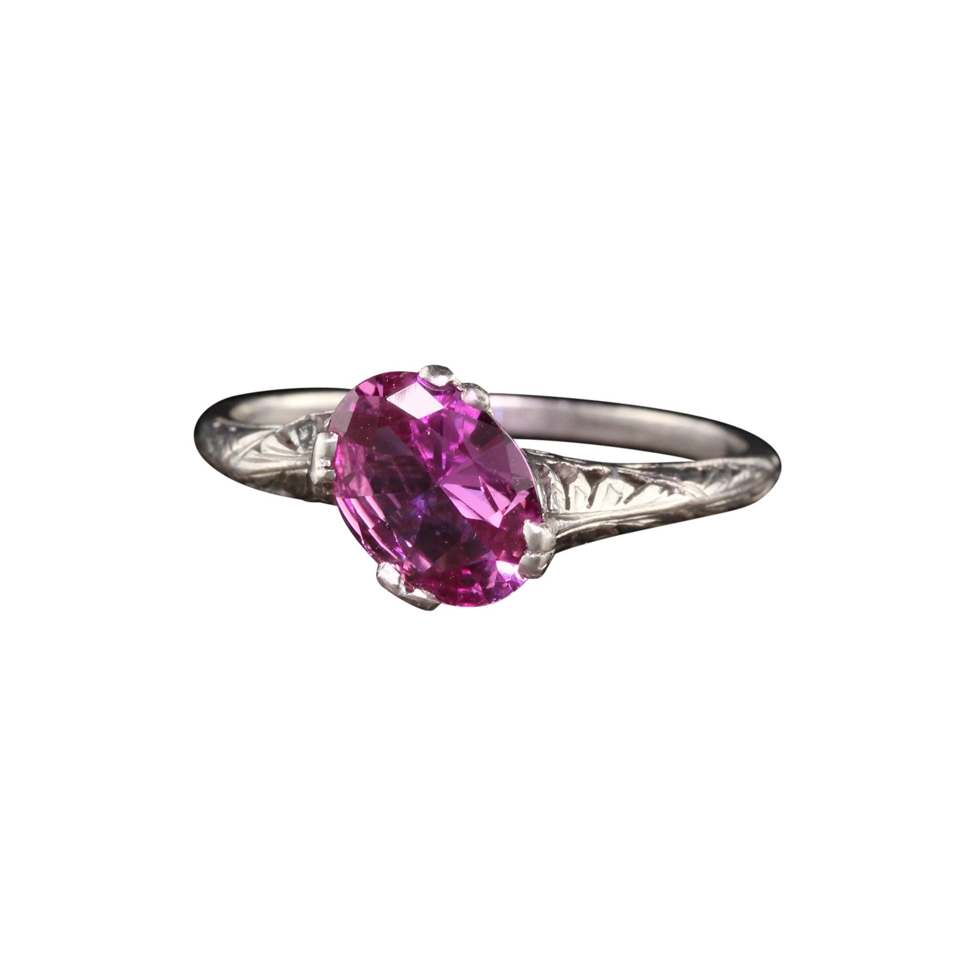 Antique Art Deco Platinum Oval Pink Sapphire Filigree Engagement Ring For Sale