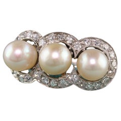 Antique Art Deco Platinum Pearl and Diamond Three Stone Ring