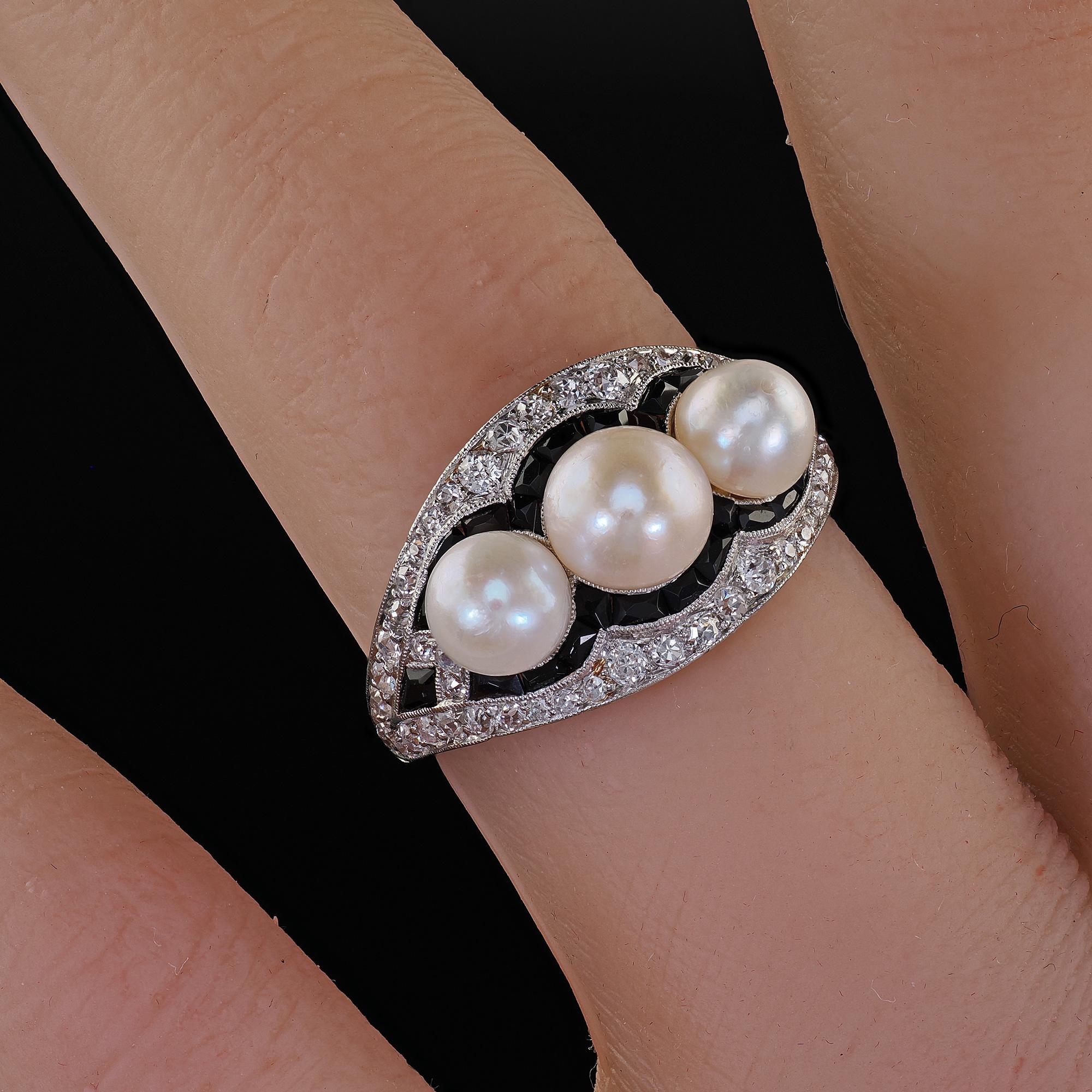 Antique Art Deco Platinum Pearl Diamond and Onyx Three Stone Cocktail Ring 5