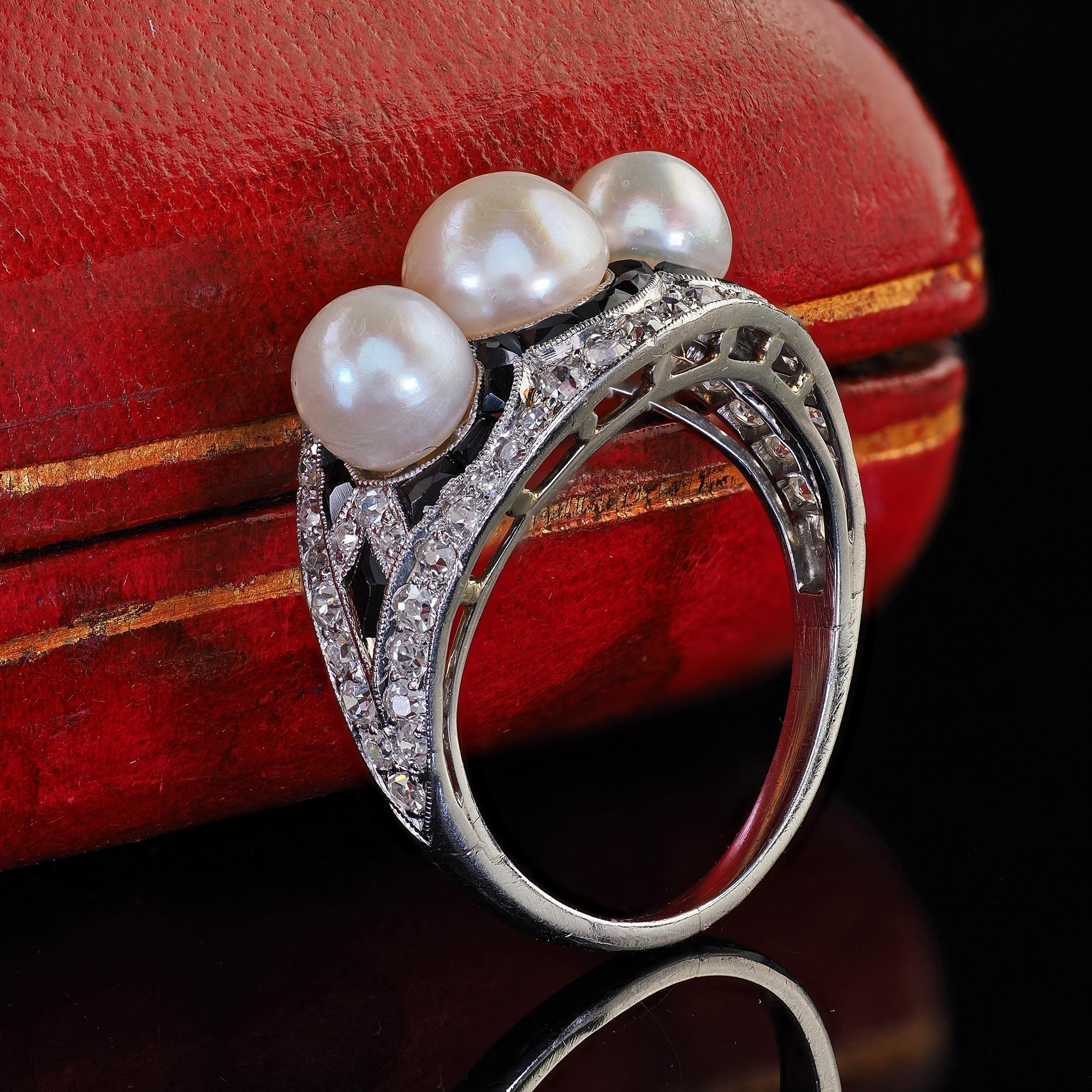 Round Cut Antique Art Deco Platinum Pearl Diamond and Onyx Three Stone Cocktail Ring