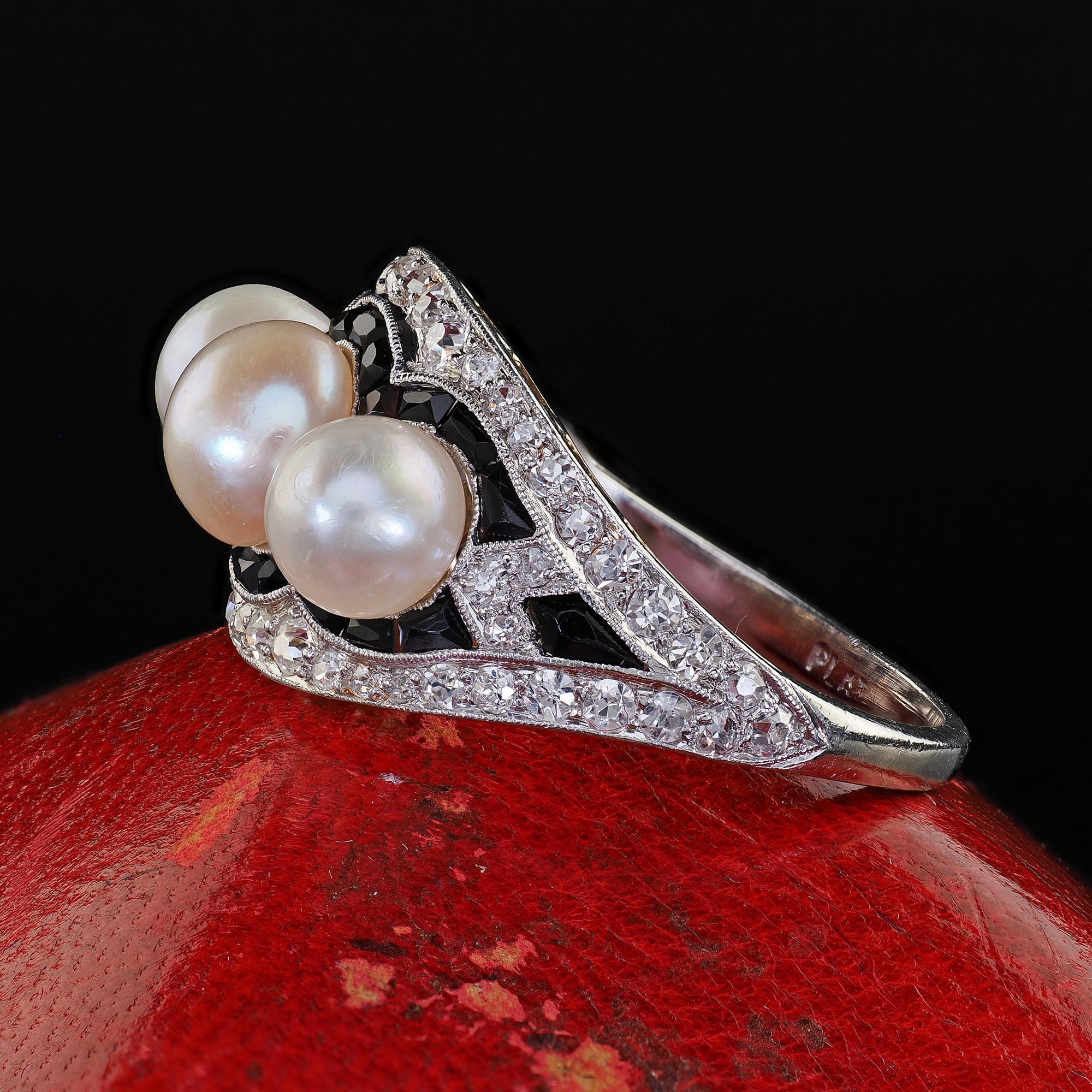Women's Antique Art Deco Platinum Pearl Diamond and Onyx Three Stone Cocktail Ring