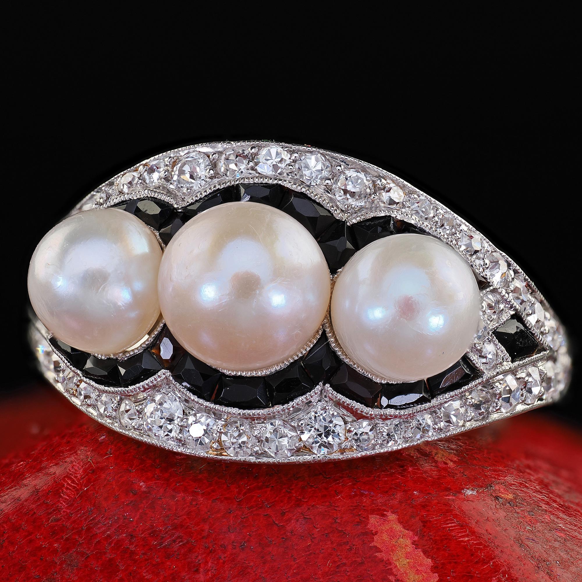 Antique Art Deco Platinum Pearl Diamond and Onyx Three Stone Cocktail Ring 1