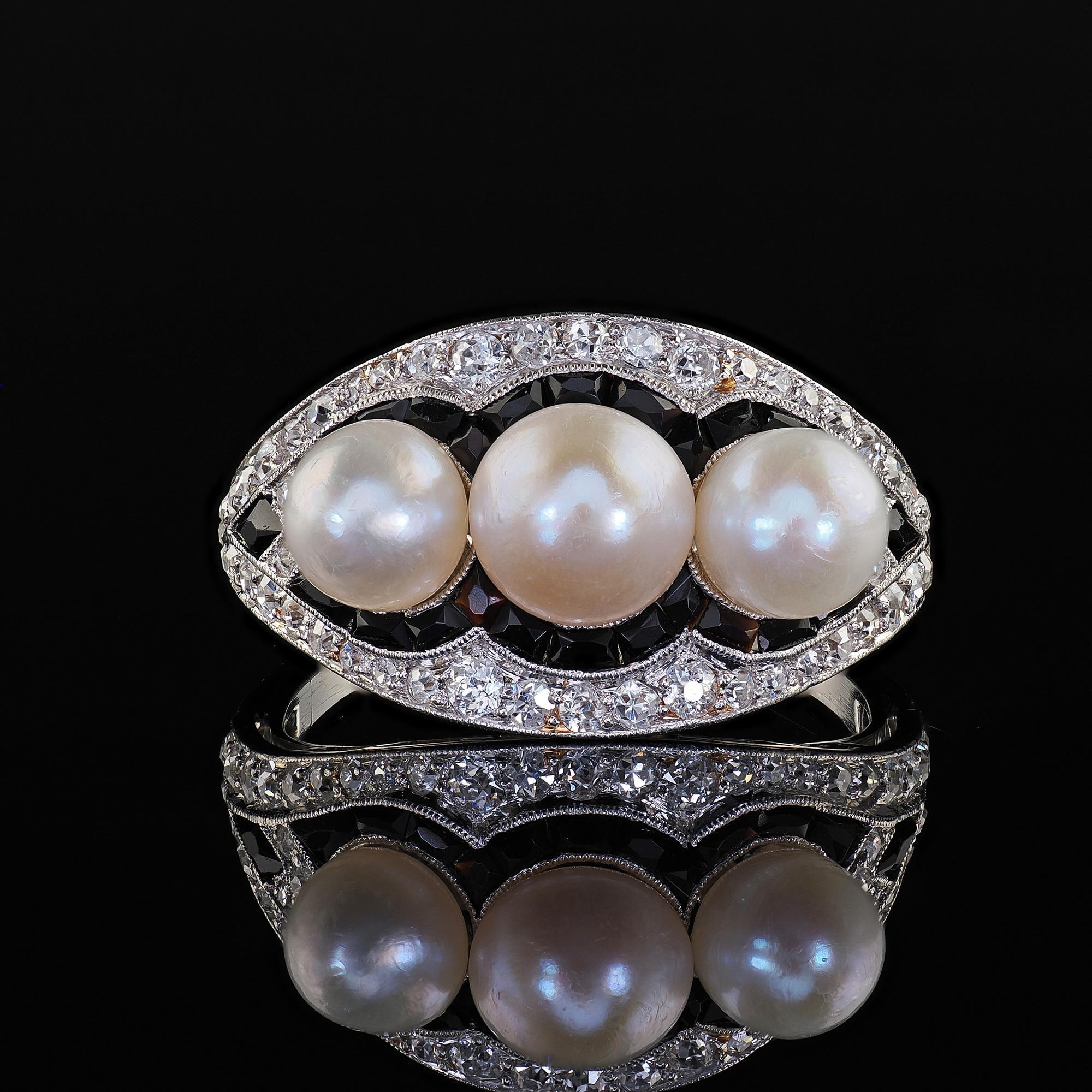 Antique Art Deco Platinum Pearl Diamond and Onyx Three Stone Cocktail Ring 2
