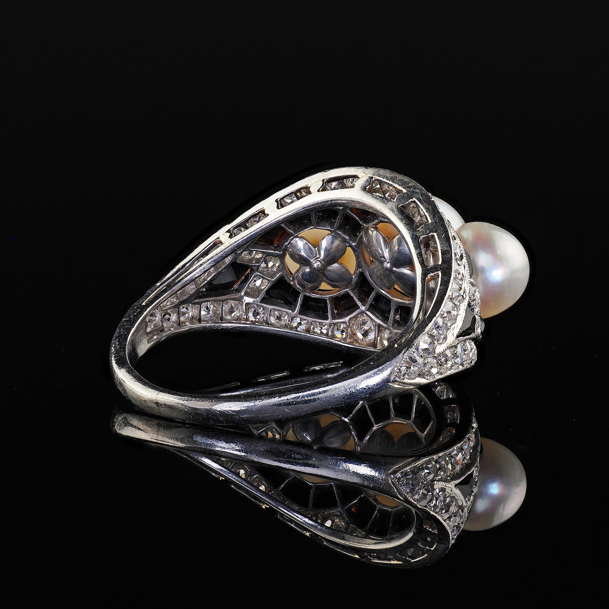 Antique Art Deco Platinum Pearl Diamond and Onyx Three Stone Cocktail Ring 3