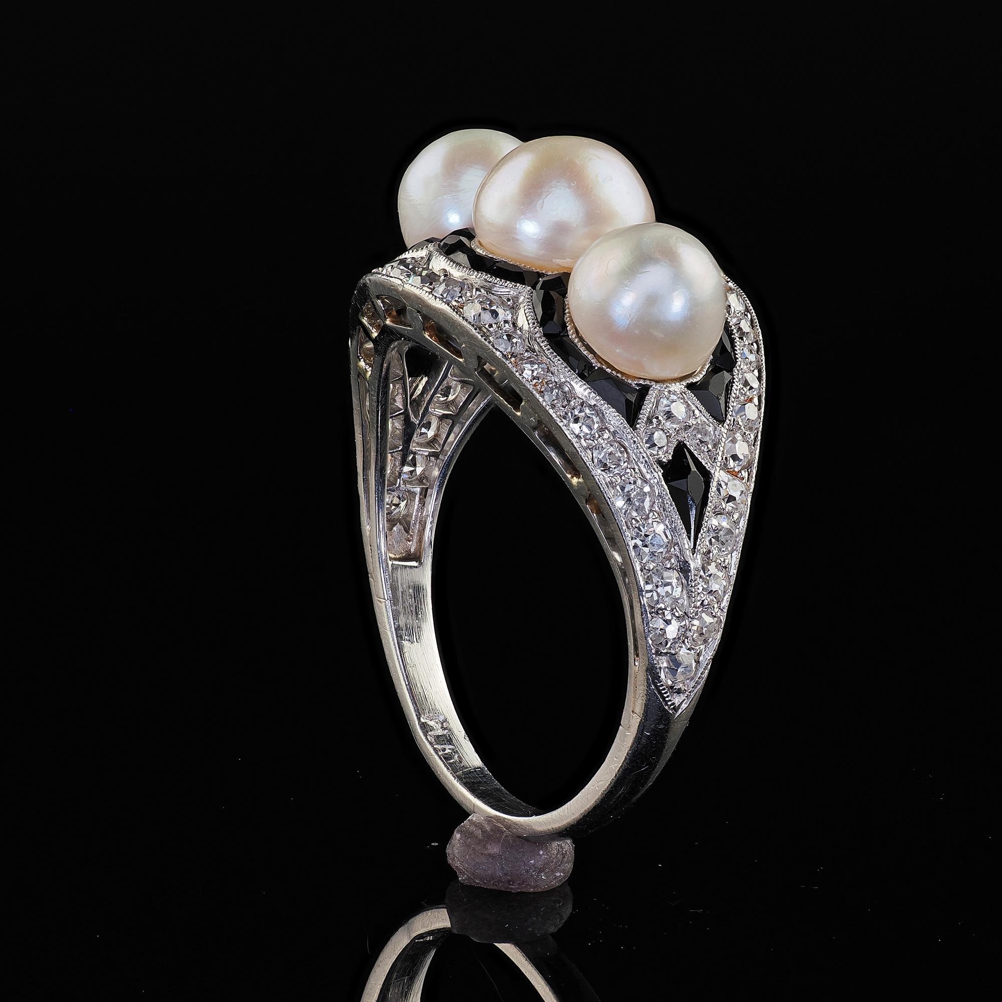 Antique Art Deco Platinum Pearl Diamond and Onyx Three Stone Cocktail Ring 4