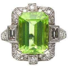 Antique, Art Deco, Platinum, Peridot and Diamond Cluster Cocktail Ring