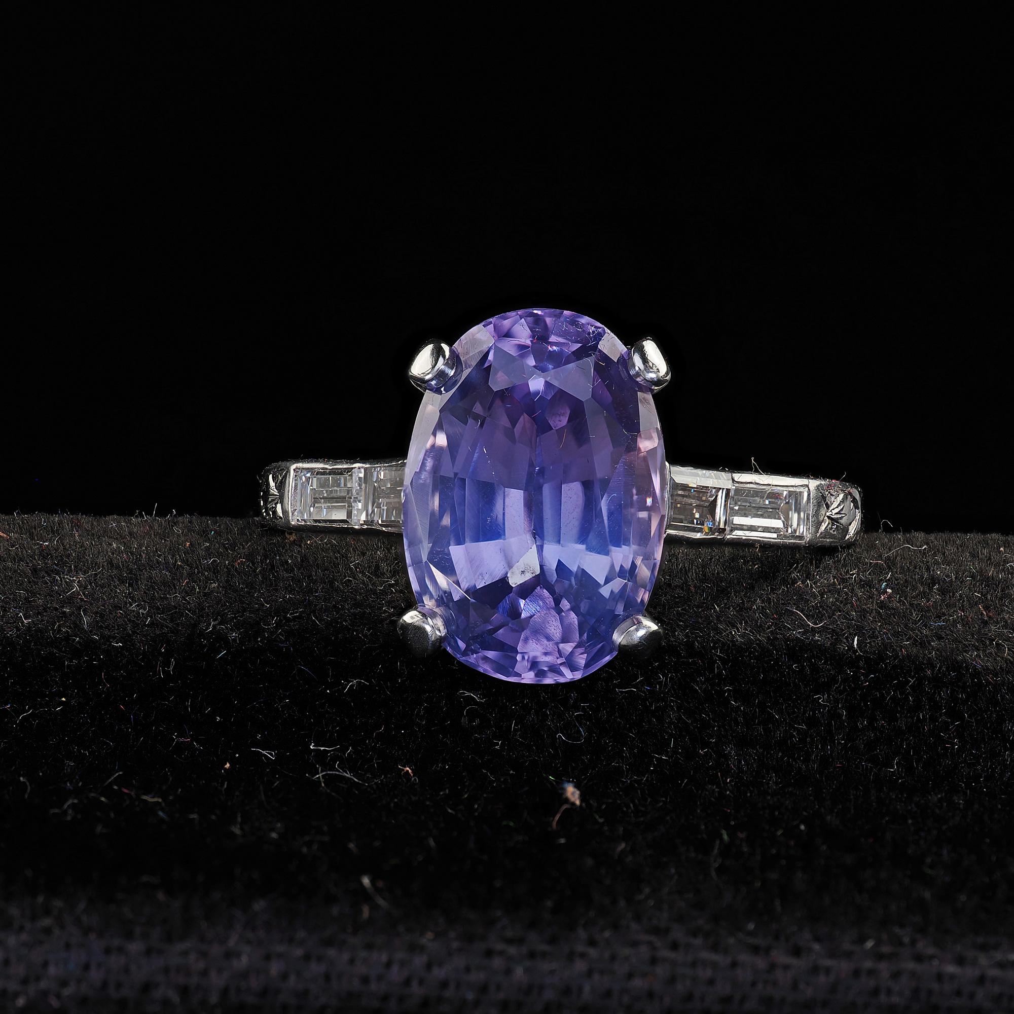 Beautiful Antique Art Deco Platinum Purple Sapphire No Heat Diamond Engagement Ring - GIA. This incredible Art Deco purple sapphire diamond engagement ring is crafted in platinum. This beautiful ring features a natural purple sapphire that has no