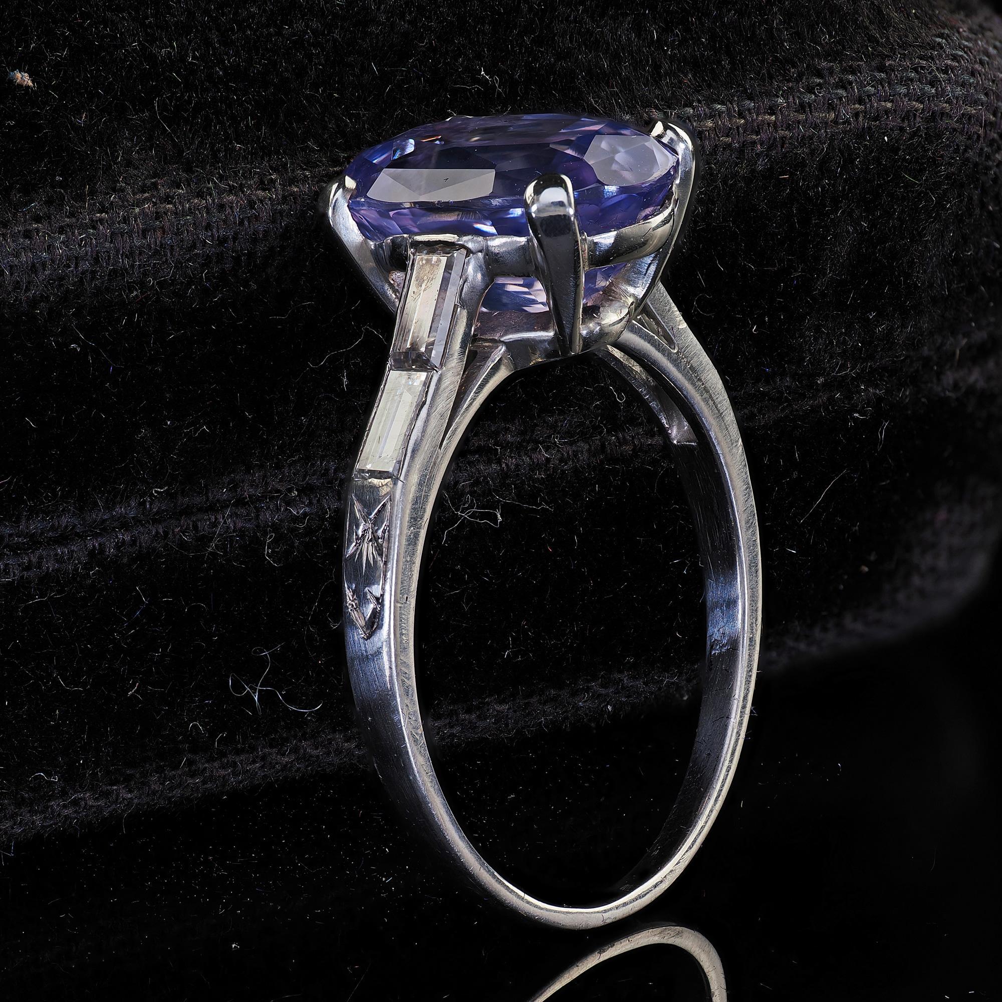 Oval Cut Antique Art Deco Platinum Purple Sapphire No Heat Diamond Engagement Ring - GIA For Sale