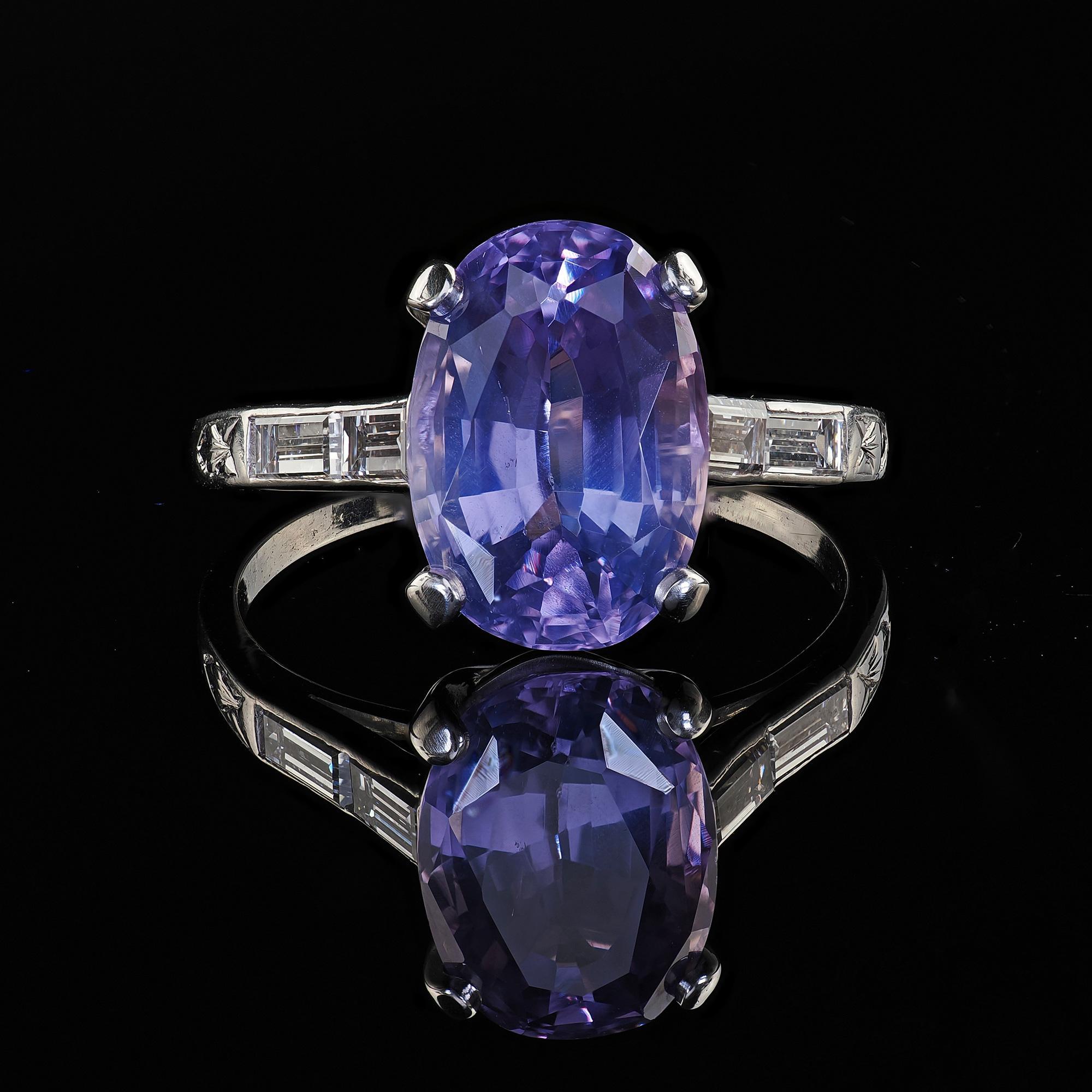 Antique Art Deco Platinum Purple Sapphire No Heat Diamond Engagement Ring - GIA For Sale 2