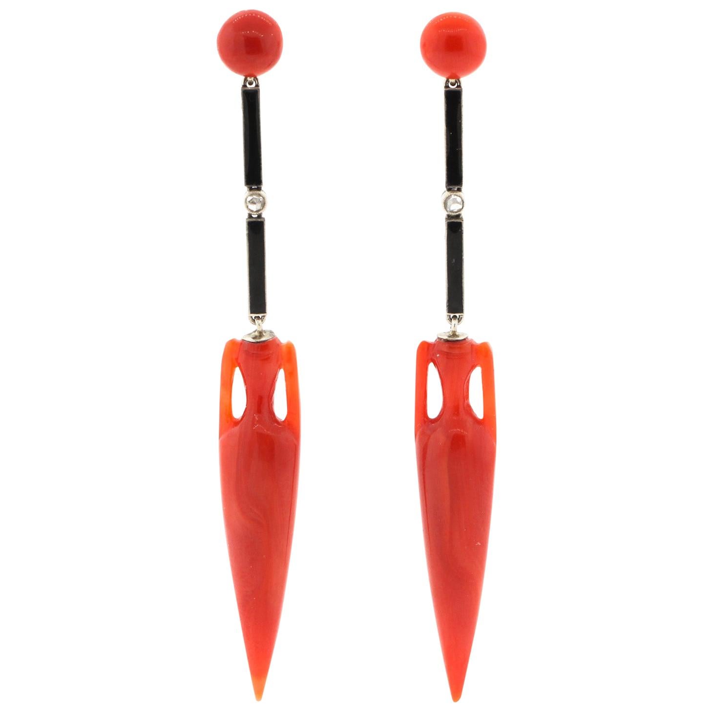 Antique Art Deco Platinum Red Coral and Black Enamel Diamond Earrings For Sale