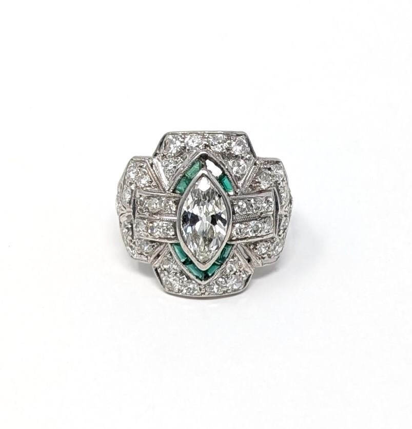 Antiker Art Deco Platin Ring Diamant & Smaragd Vintage Pinky US Größe 3.5 Damen im Angebot