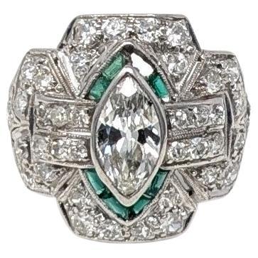 Antiker Art Deco Platin Ring Diamant & Smaragd Vintage Pinky US Größe 3.5