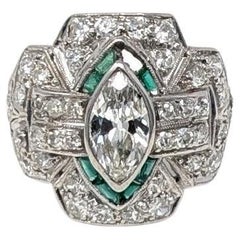 Antique Art Deco Platinum Ring Diamond & Emerald Vintage Pinky US Size 3.5