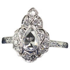 Antique Edwardian Platinum Rose Cut Diamond Engraved Engagement Ring - GIA