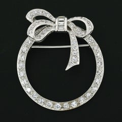 Antique Art Deco Platinum Round & Baguette Diamond Ribbon Bow Wreath Brooch Pin