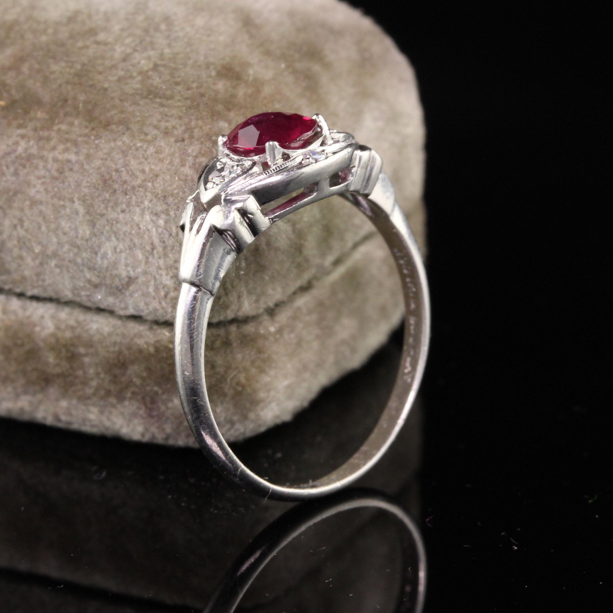 A gorgeous Antique Art Deco Platinum Ruby and Diamond Engagement Ring. This beautiful ring features a beautiful red ruby in the center of an art deco mounting that has single cut diamonds in the center of heart shaped settings.

#R0843

Metal: