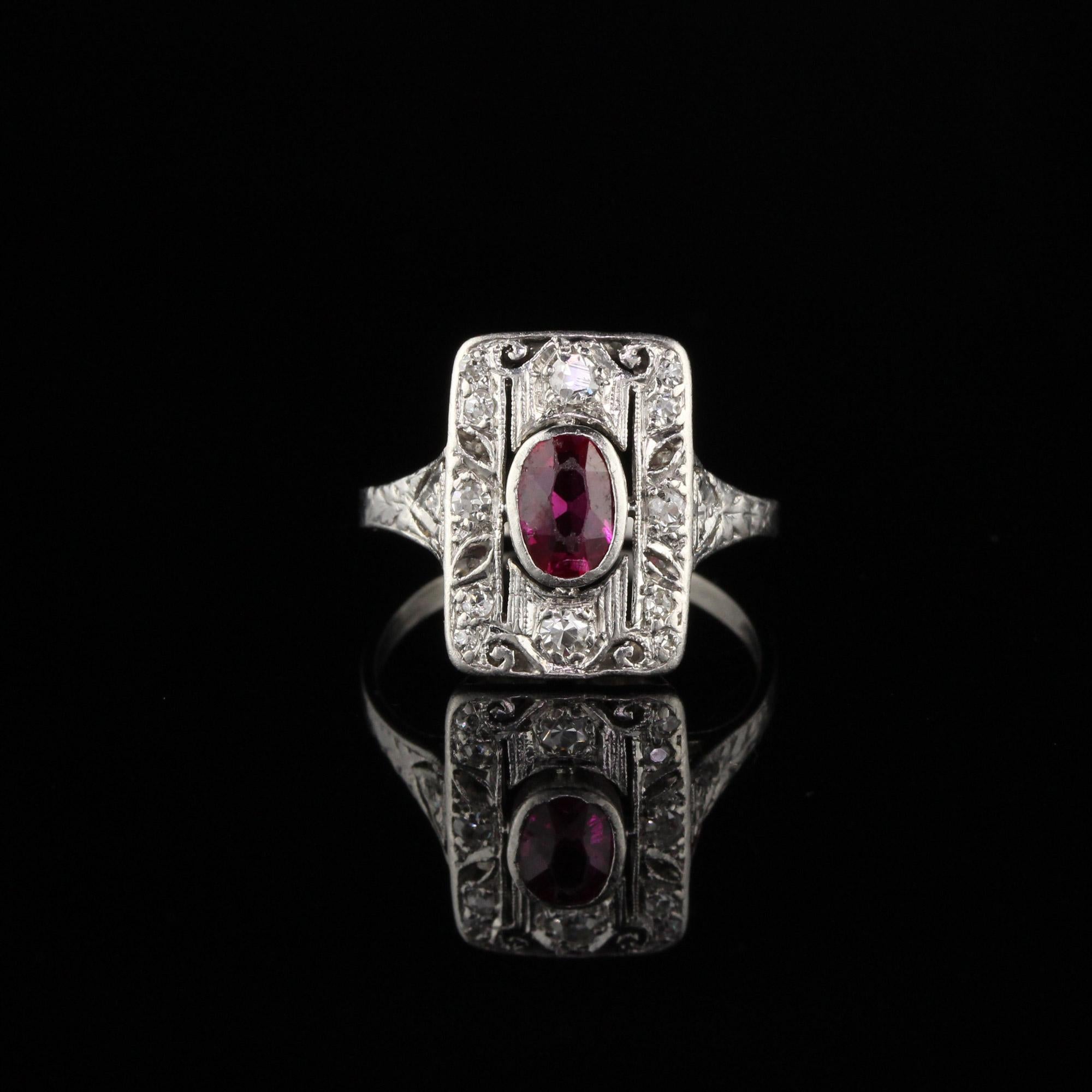 Oval Cut Antique Art Deco Platinum Ruby and Diamond Engagement Ring