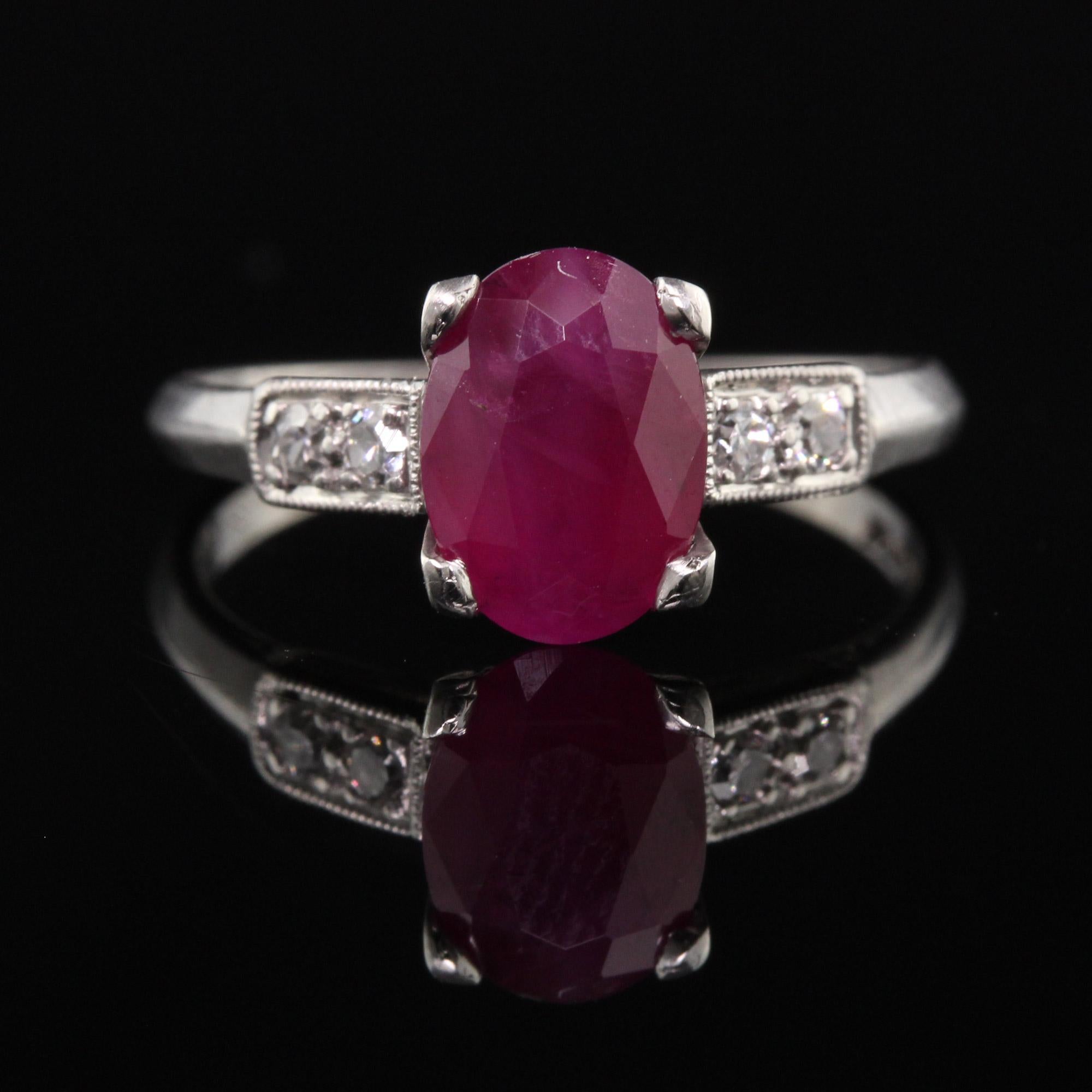 Antique Art Deco Platinum Ruby and Diamond Engagement Ring In Good Condition For Sale In Great Neck, NY