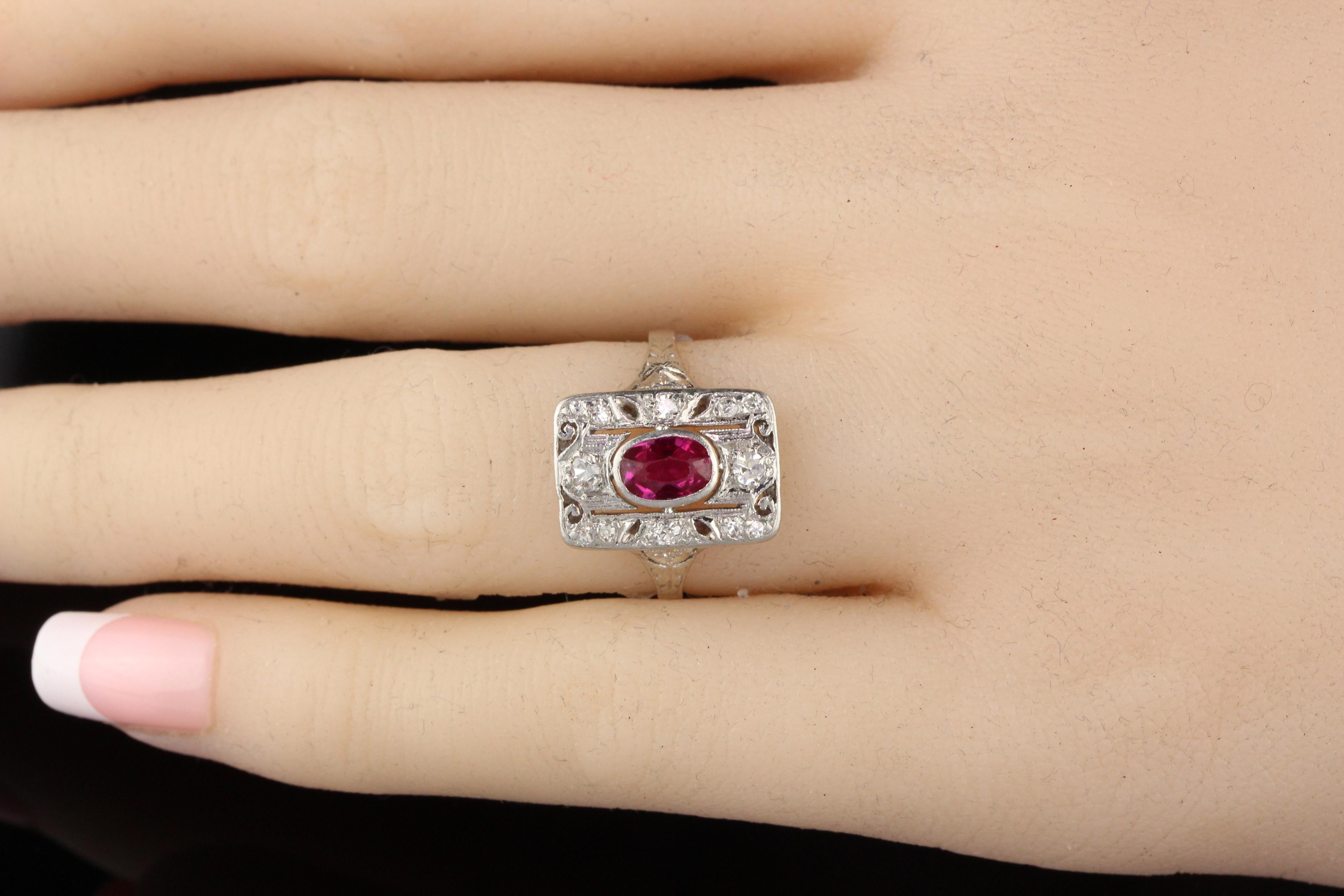 Antique Art Deco Platinum Ruby and Diamond Engagement Ring 2