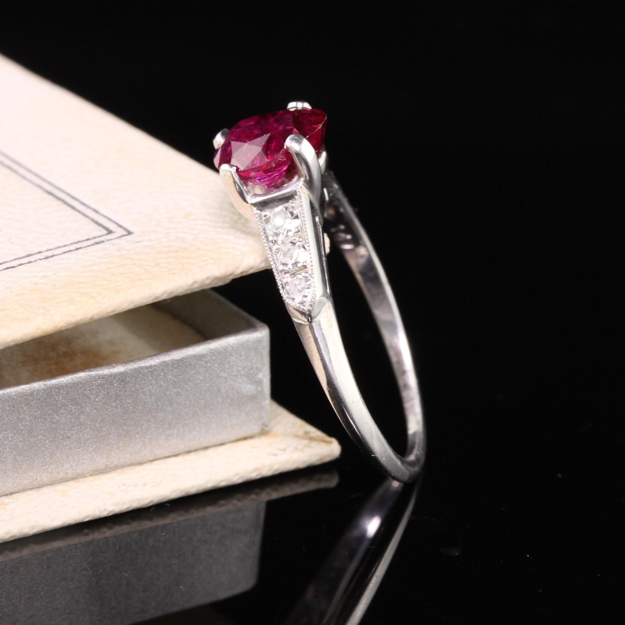 Beautiful Antique Art Deco Platinum Ruby and Diamond Engagement Ring - GIA. This incredible ring features a GIA Burma No Heat natural ruby in the center of a gorgeous classic art deco mounting.

Item #R0907

Metal: Platinum

Weight: 4.6