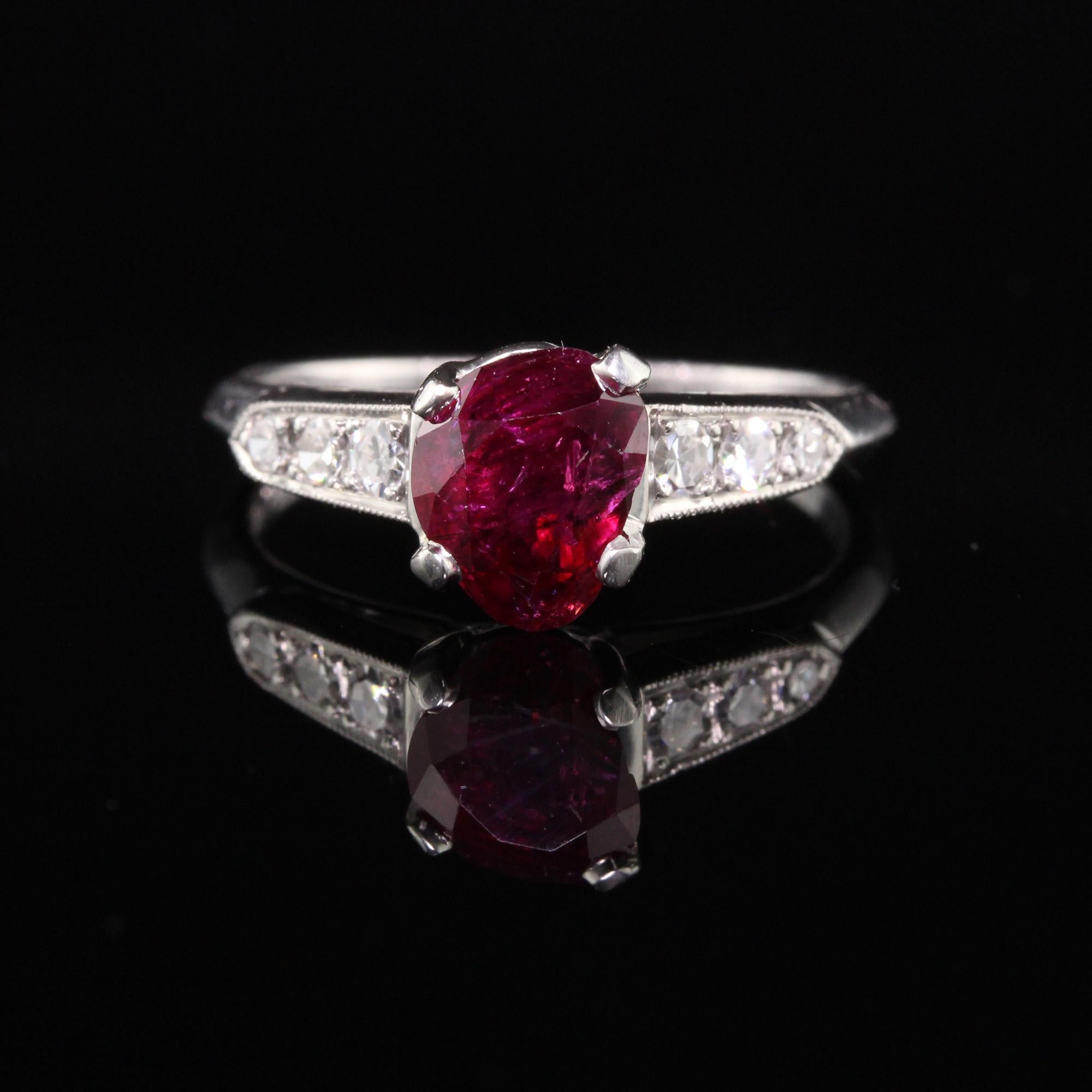 Pear Cut Antique Art Deco Platinum Ruby and Diamond Engagement Ring, GIA