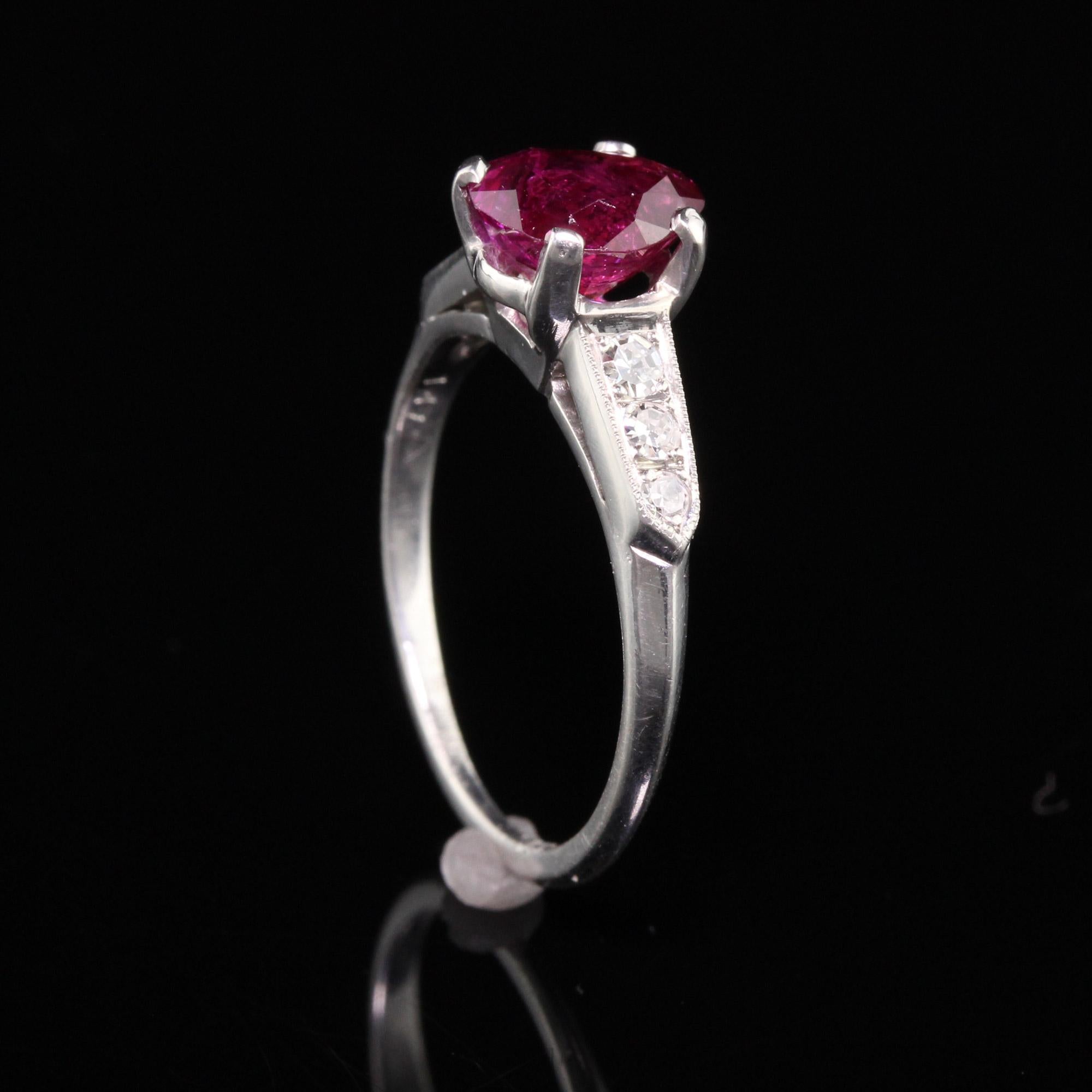 Women's or Men's Antique Art Deco Platinum Ruby and Diamond Engagement Ring, GIA