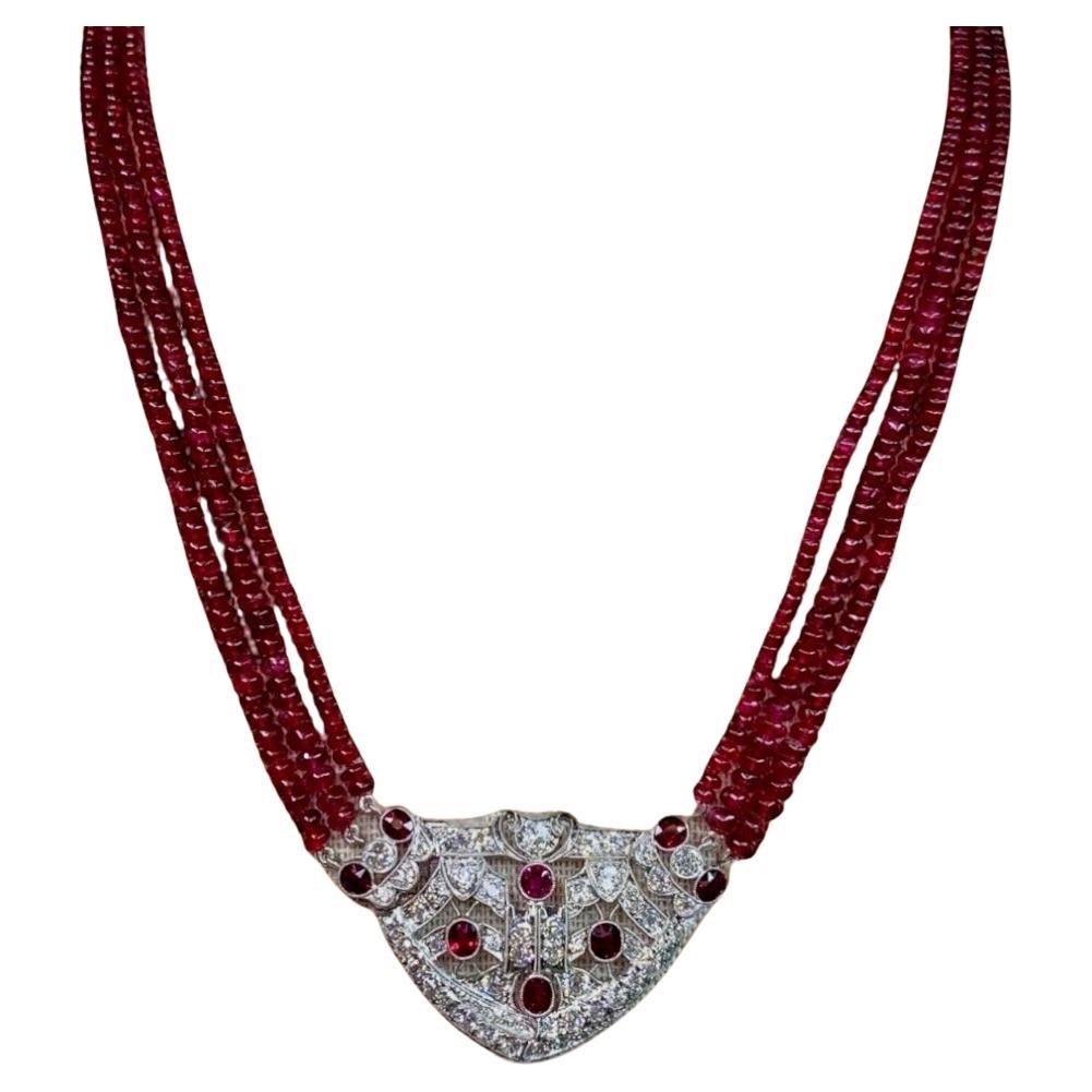 Collana antica in platino Art Deco con perle di rubino e diamanti europei 183,40 ct.