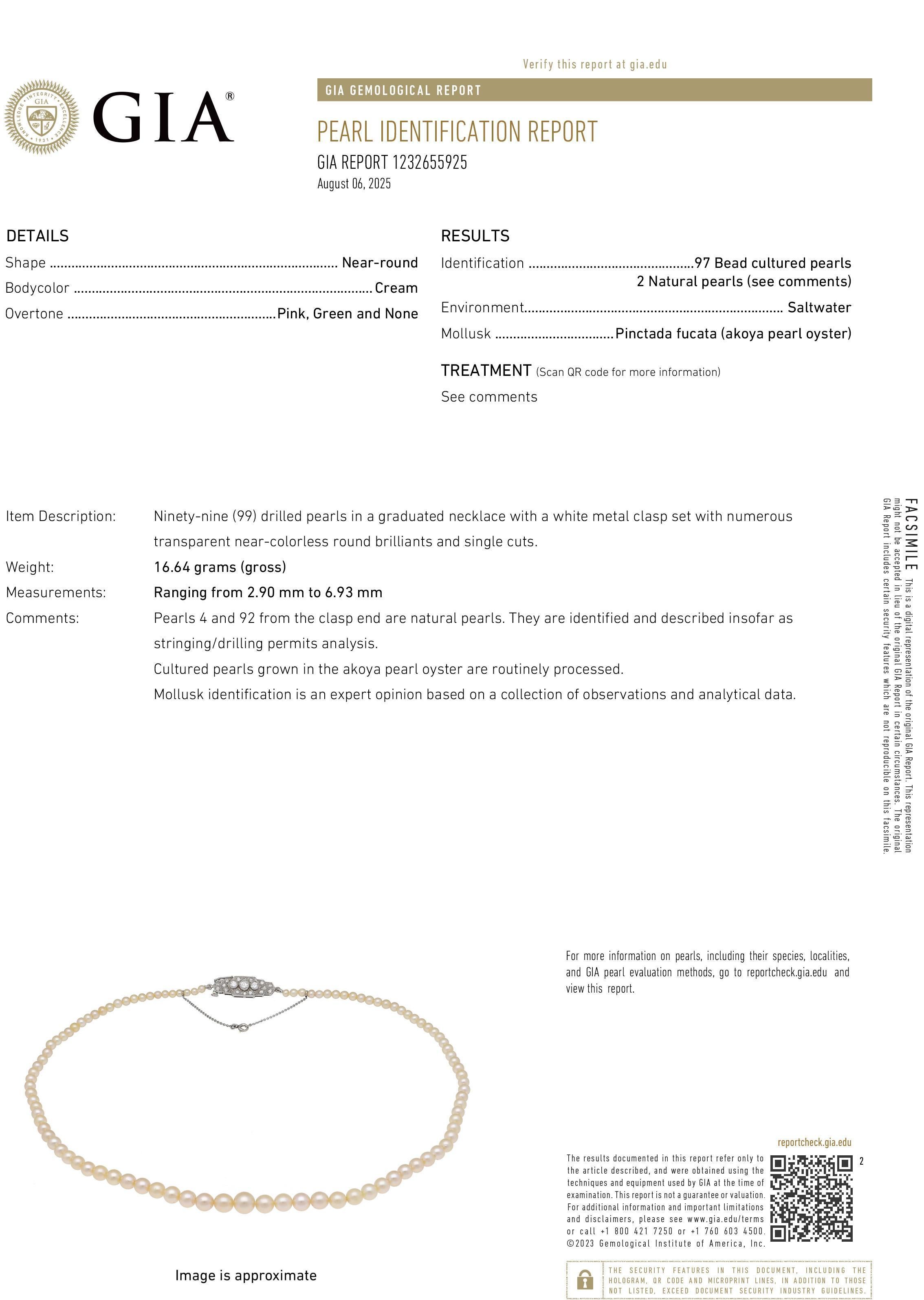 Arte Deco Platinum Saltwater Akoya Graduated Pearl Necklace - GIA en vente 5