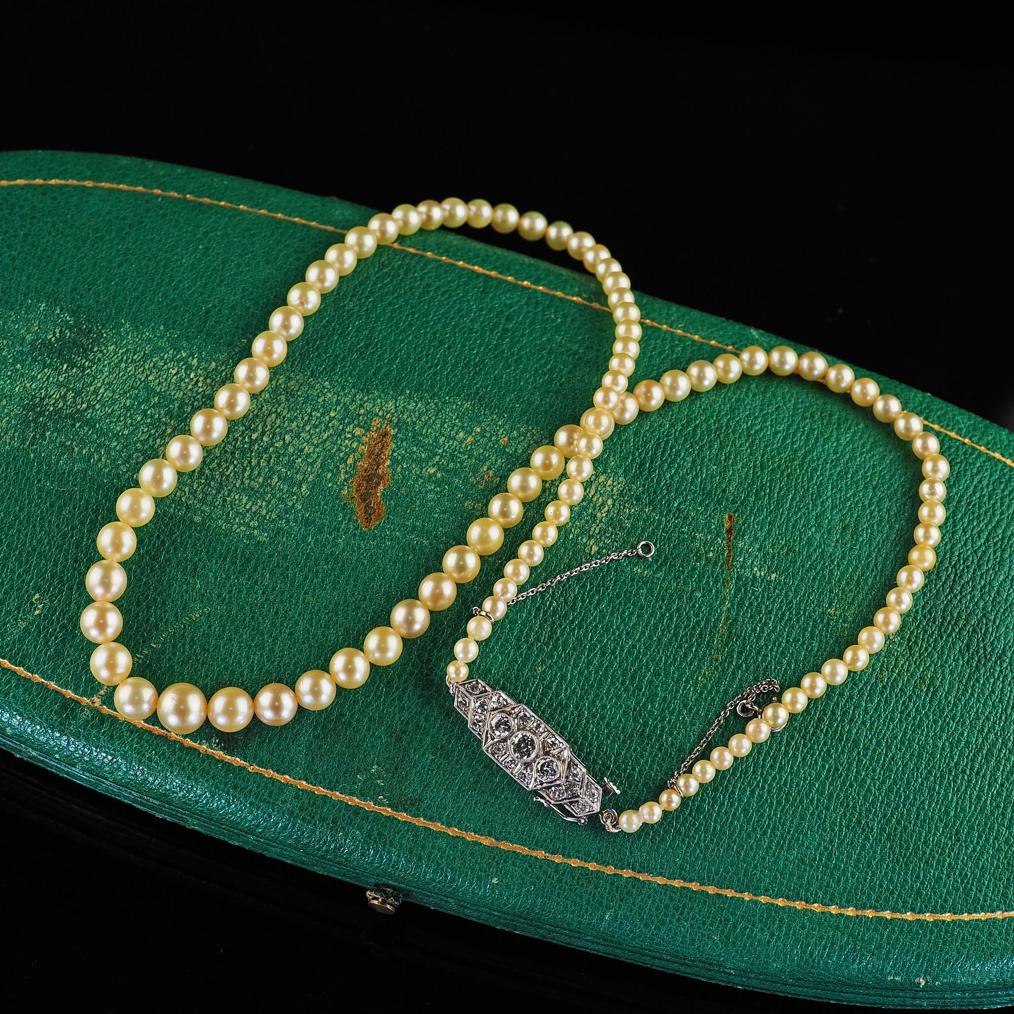 Magnifique collier de perles d'Akoya d'eau salée en platine - GIA. Ce collier classique Art déco en perles Akoya d'eau salée graduées est façonné en platine sur le fermoir. Ce magnifique collier classique est composé de perles graduées qui font le