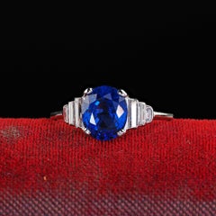 Antique Art Deco Platinum Sapphire and Diamond Baguette Engagement Ring - GIA