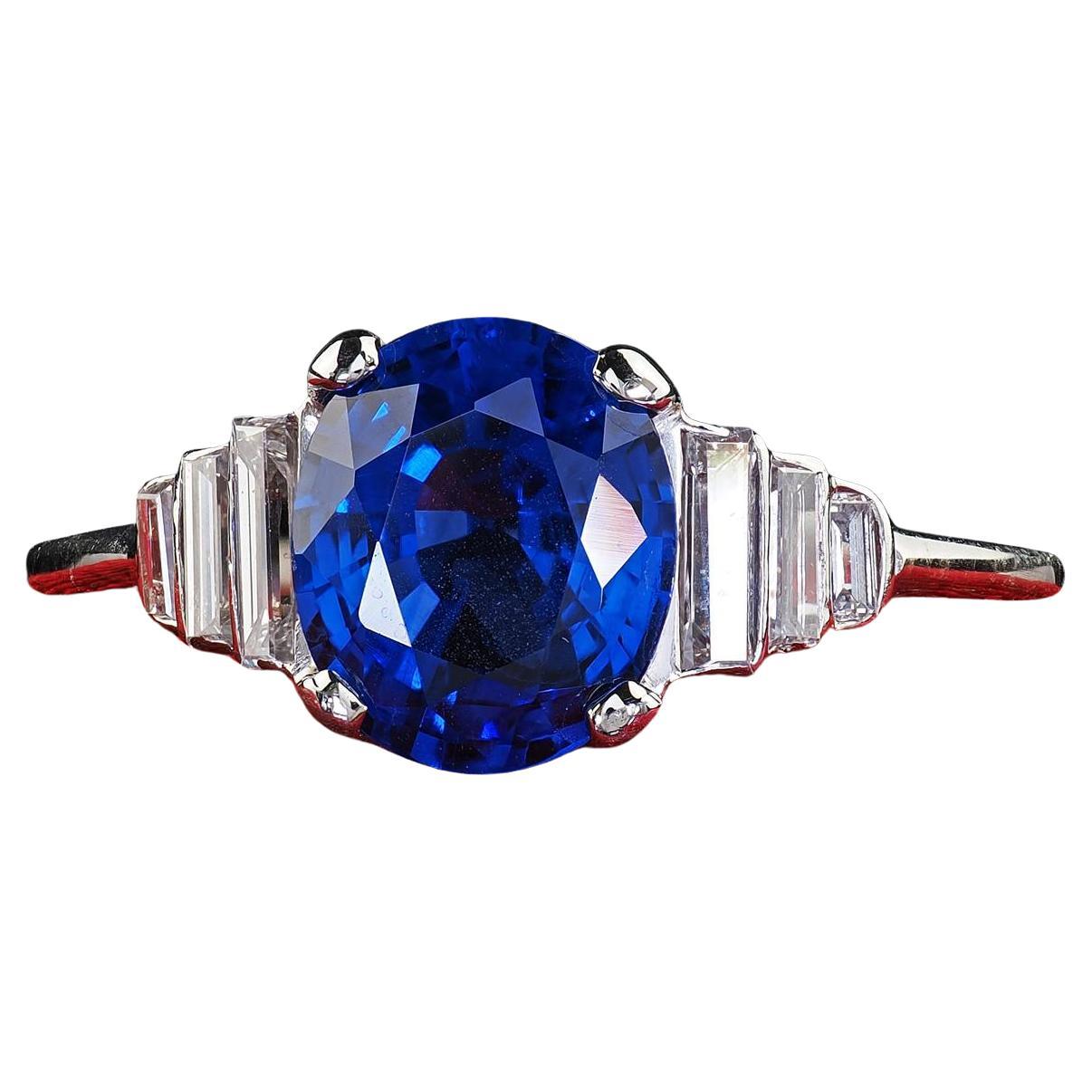 Antique Art Deco Platinum Sapphire and Diamond Baguette Engagement Ring - GIA en vente